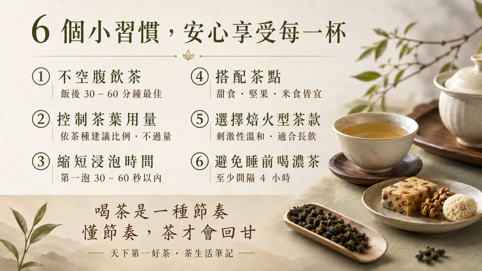 六個預防茶醉的喝茶習慣圖,不空腹、控制用量、縮短浸泡、搭配茶點、選焙火茶、避免睡前喝濃茶