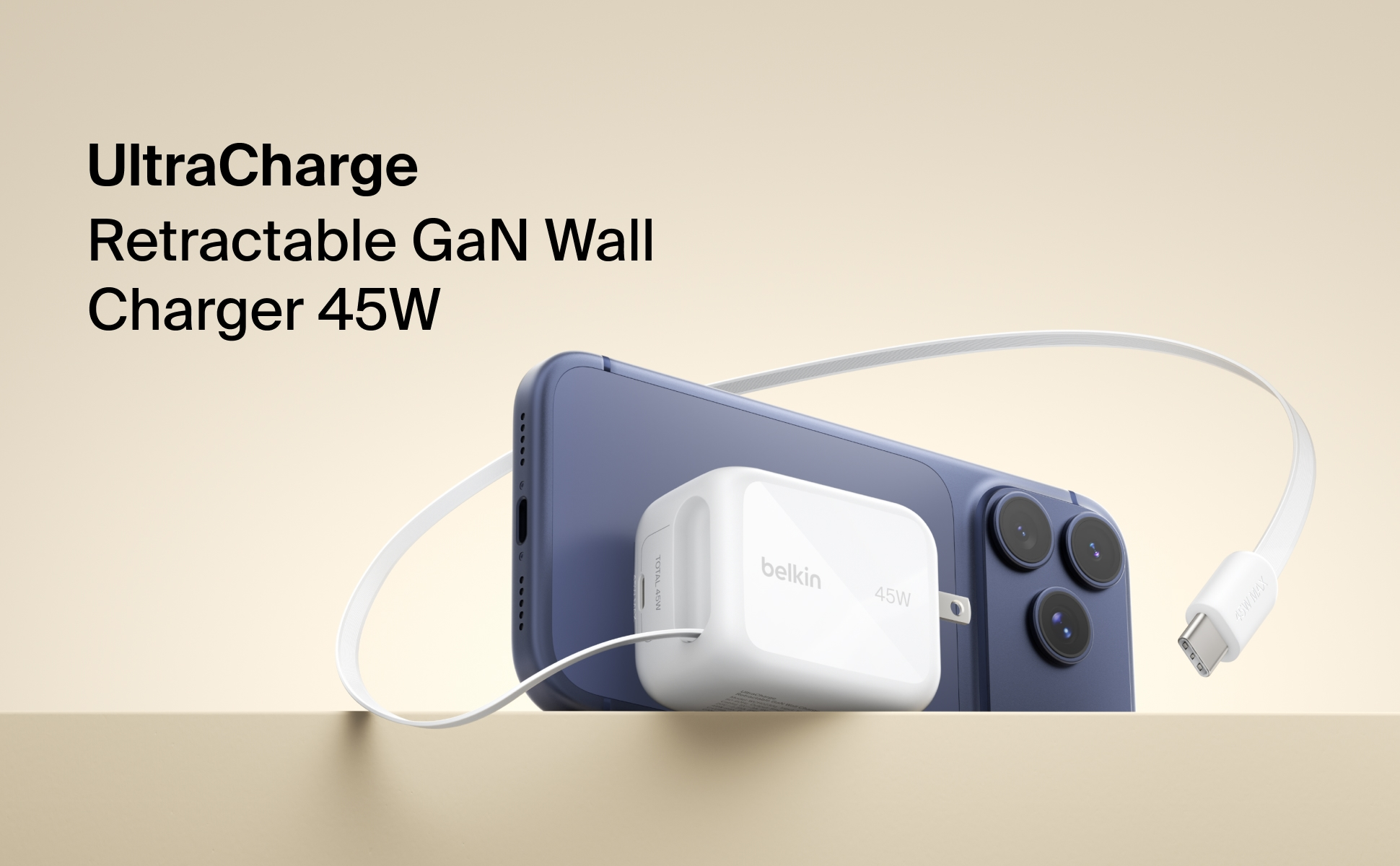 Belkin UltraCharge 45W Retractable GaN Wall Charger with USB-C Port in White