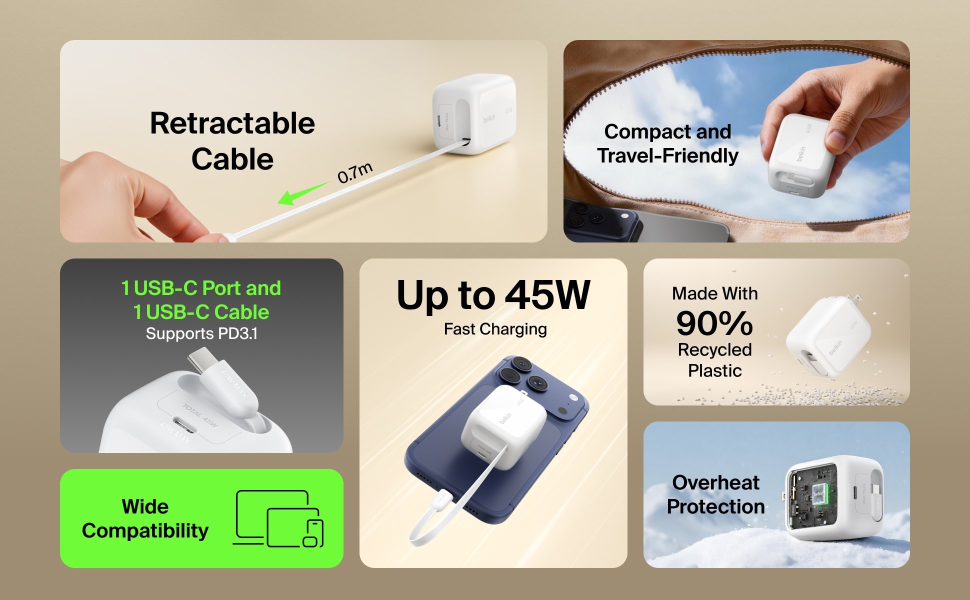 Belkin UltraCharge 45W GaN Wall Charger features: retractable USB-C cable, dual charging ports, compact travel-friendly desig