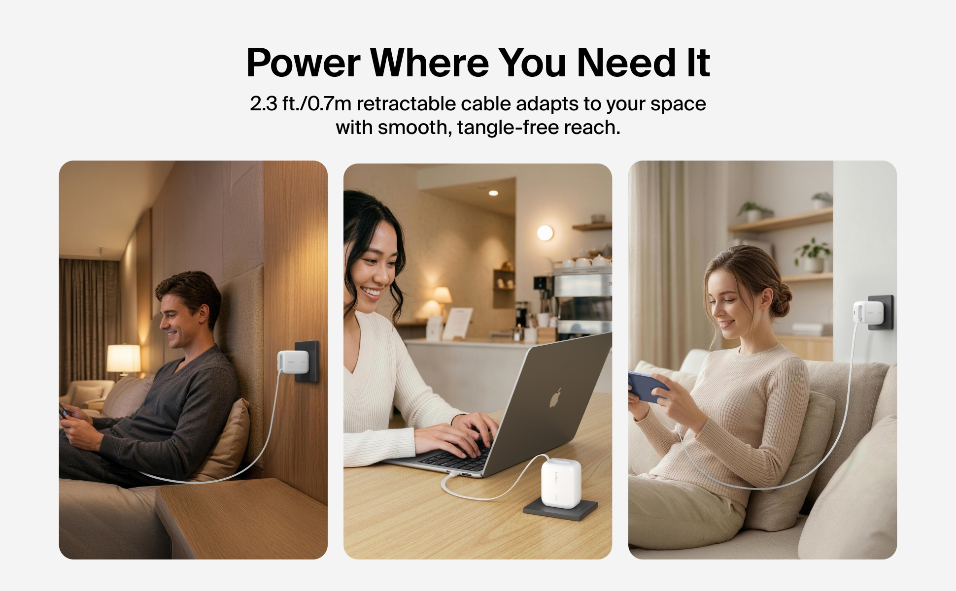 Belkin UltraCharge 45W GaN Wall Charger with retractable USB-C cable and dual ports, showing lifestyle use in a cafe and offi