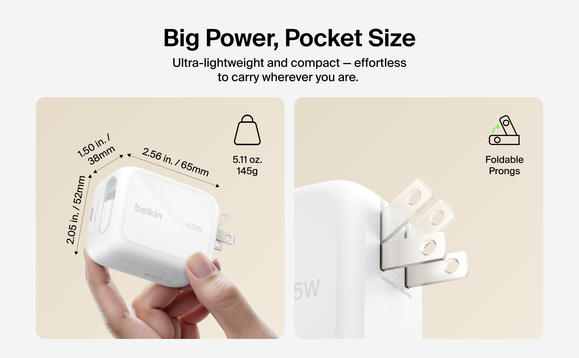 Belkin UltraCharge 45W GaN Wall Charger featuring a compact, pocket-sized design and a built-in retractable USB-C cable.