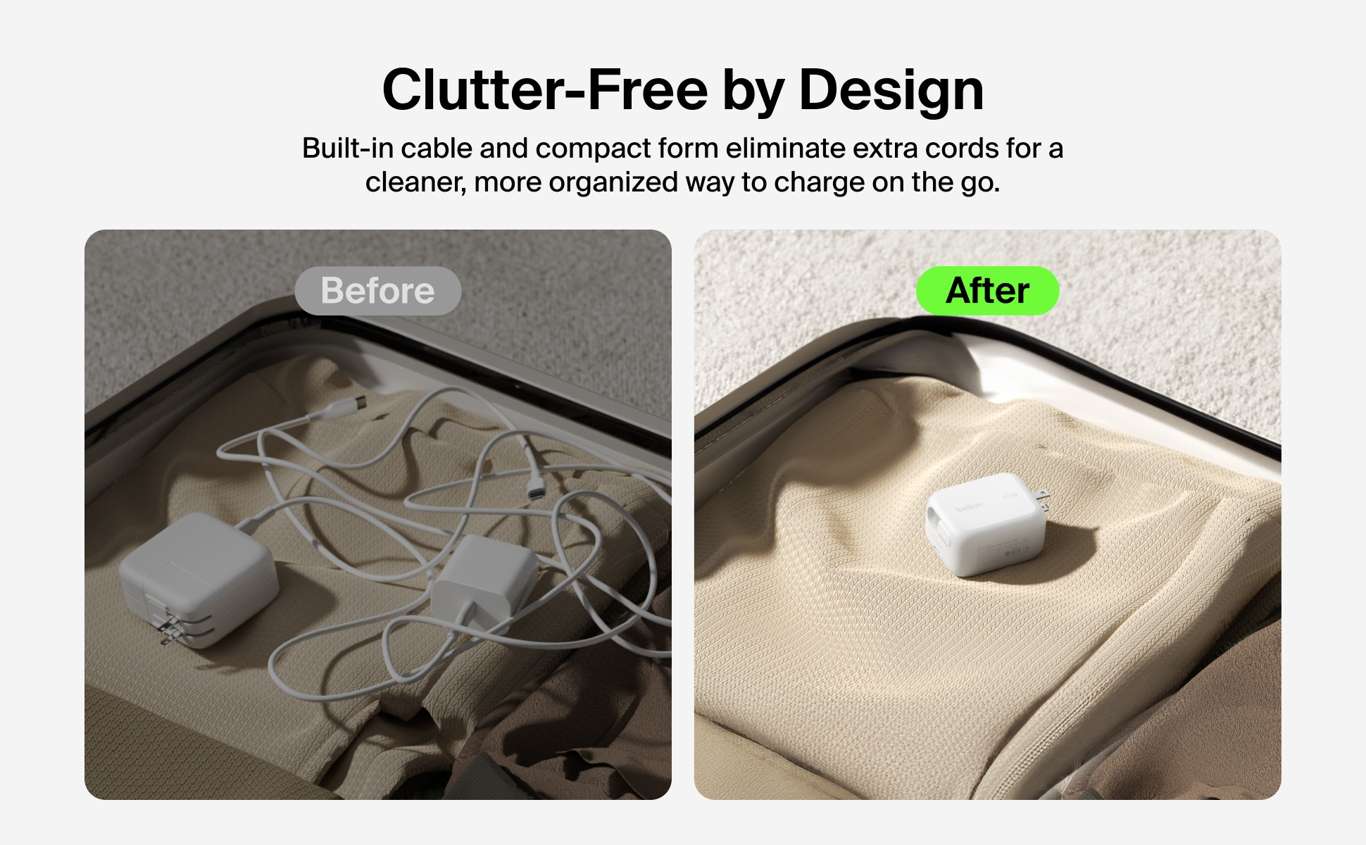 Belkin UltraCharge 45W GaN charger comparison showing a cluttered desk with messy cables versus a clean setup using the built