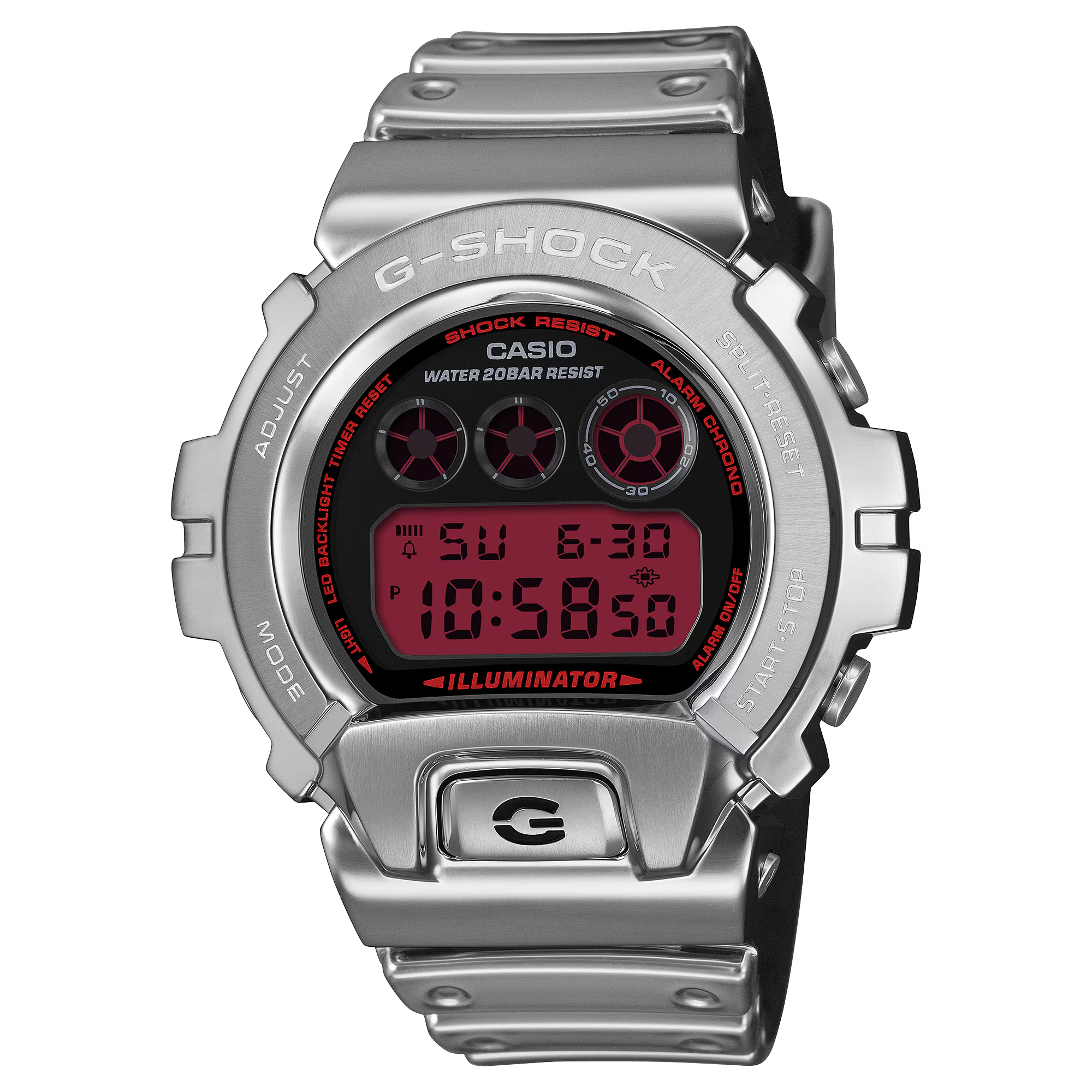 【CASIO 卡西歐】 G-SHOCK 時尚銀 自動日曆 LED光 耐衝擊  高防水 電子錶 矽膠錶帶 不鏽鋼殼 手錶 GM-6900YRA-8