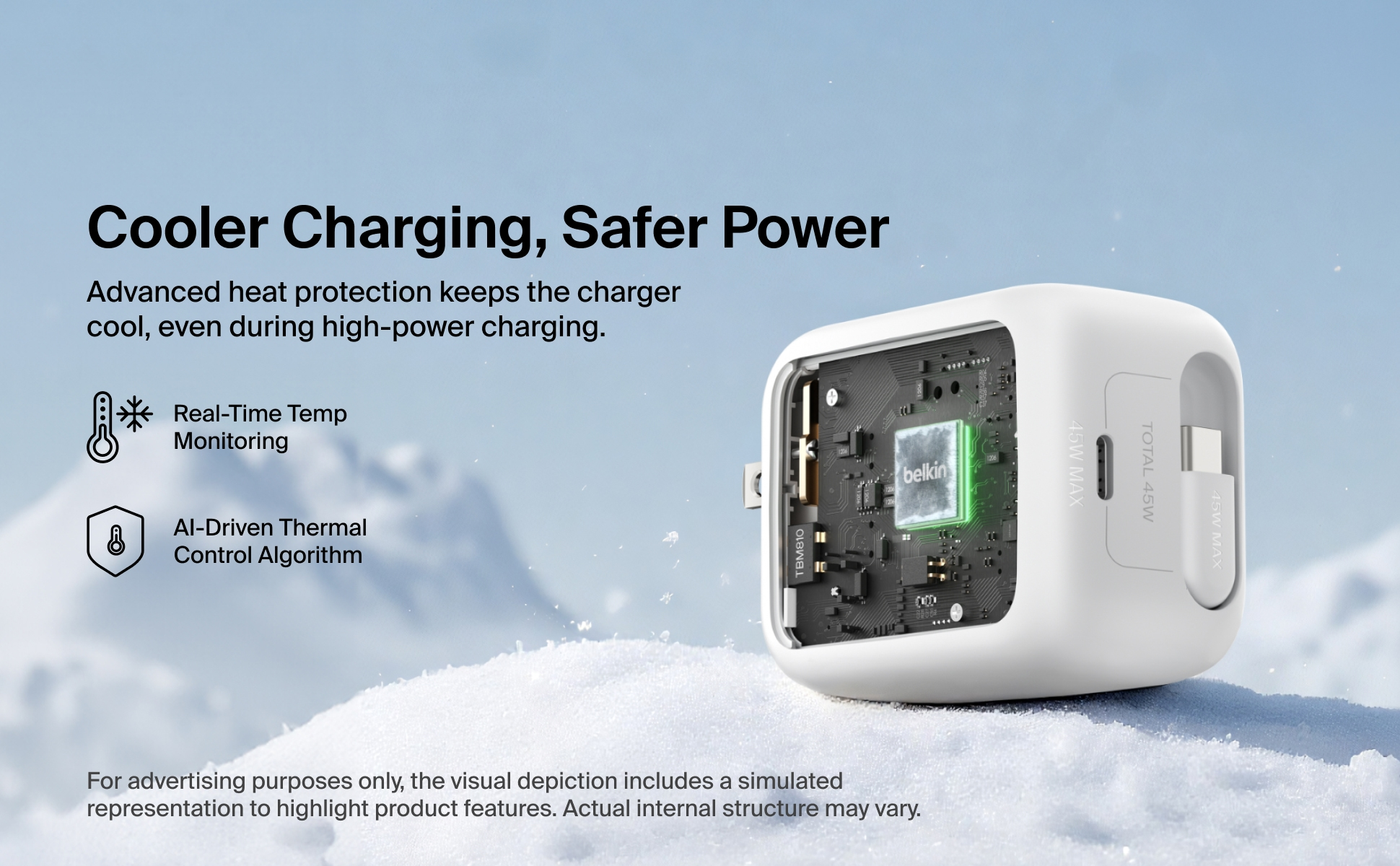 Internal view of Belkin GaN wall charger showing advanced cooling technology and safe power delivery components.