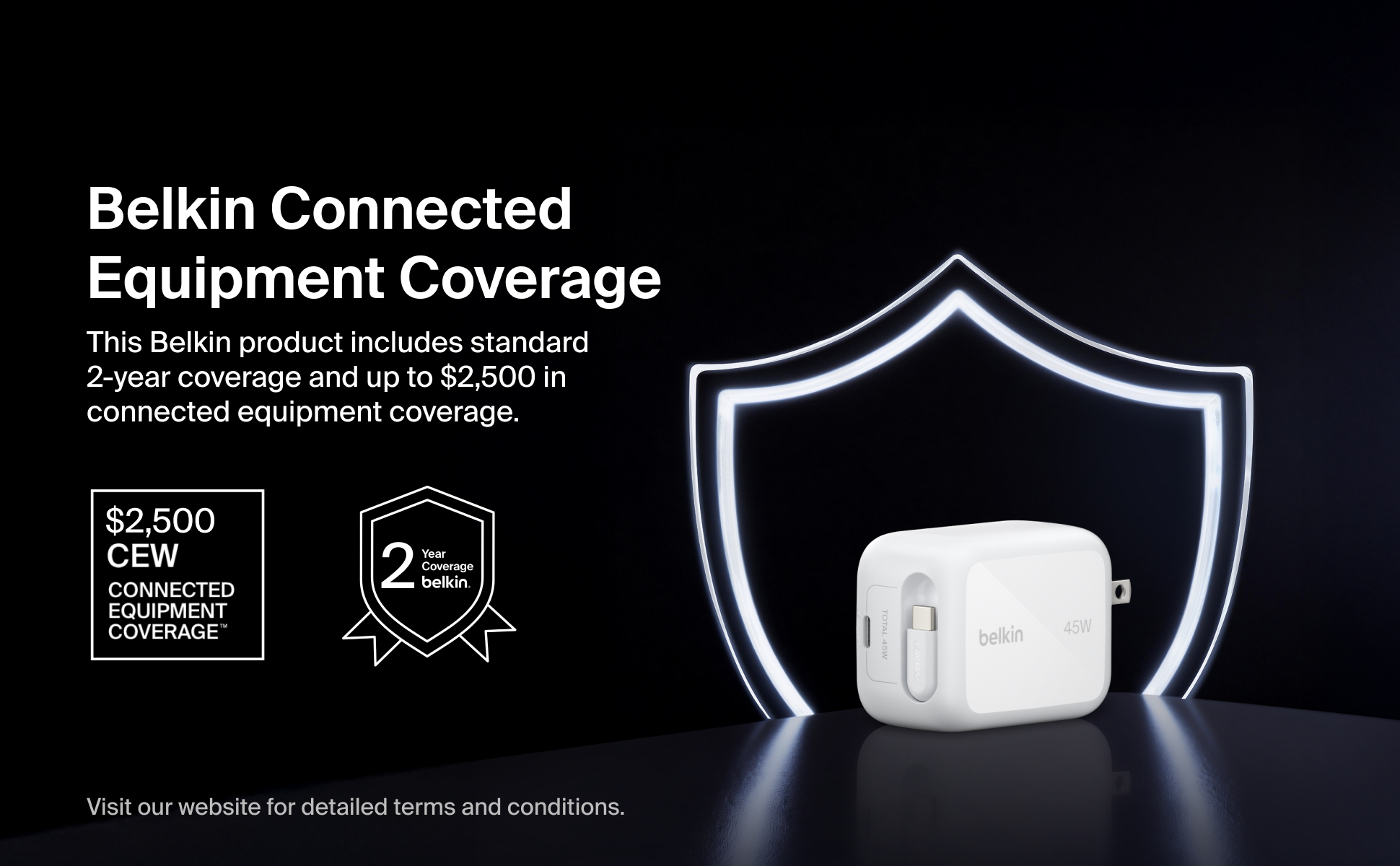 Belkin Connected Equipment Warranty and safety assurance icon with 2-year warranty text.