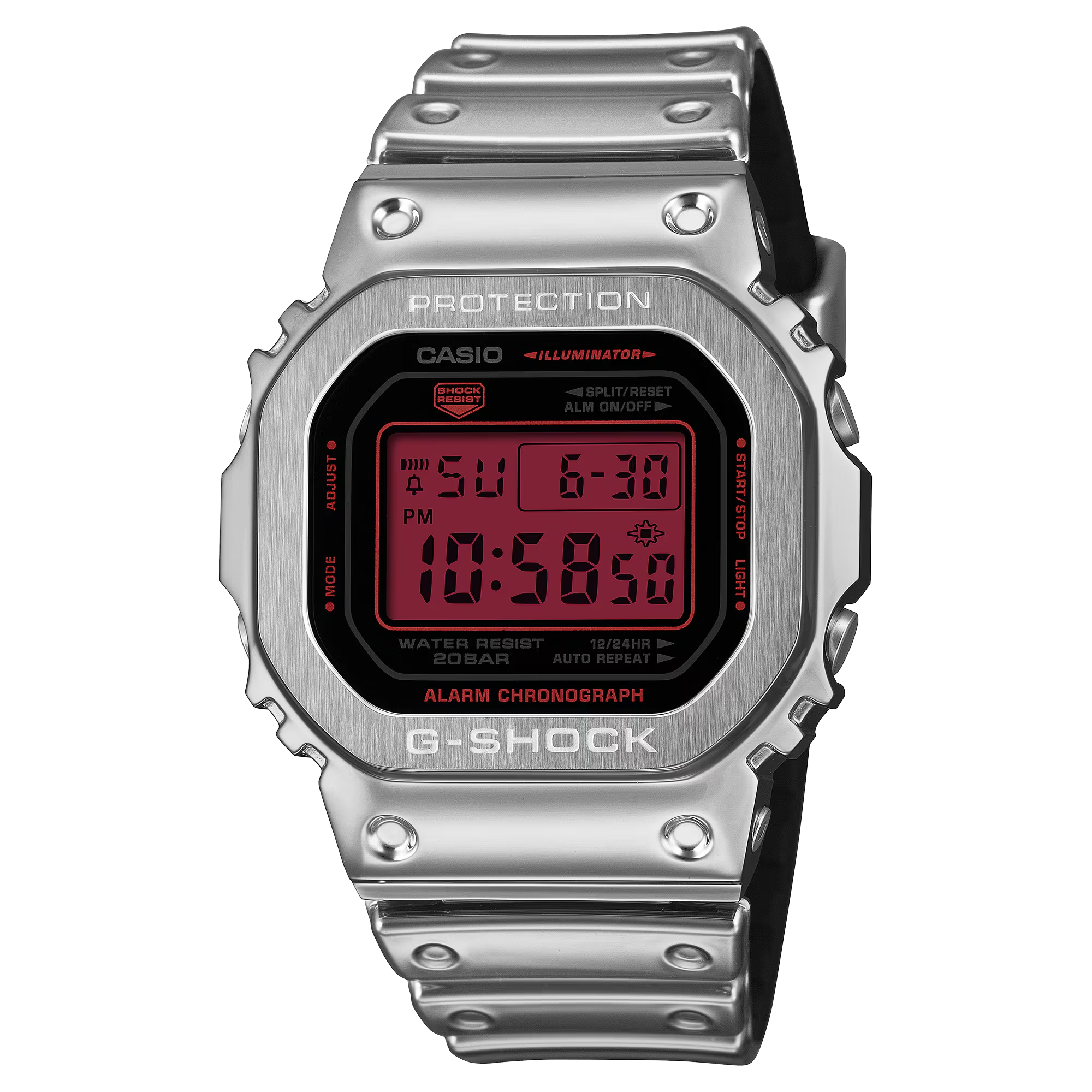 【CASIO 卡西歐】 G-SHOCK 時尚銀 自動日曆 LED光 耐衝擊  高防水 電子錶 矽膠錶帶 不鏽鋼殼 手錶 GM-5600YRA-8