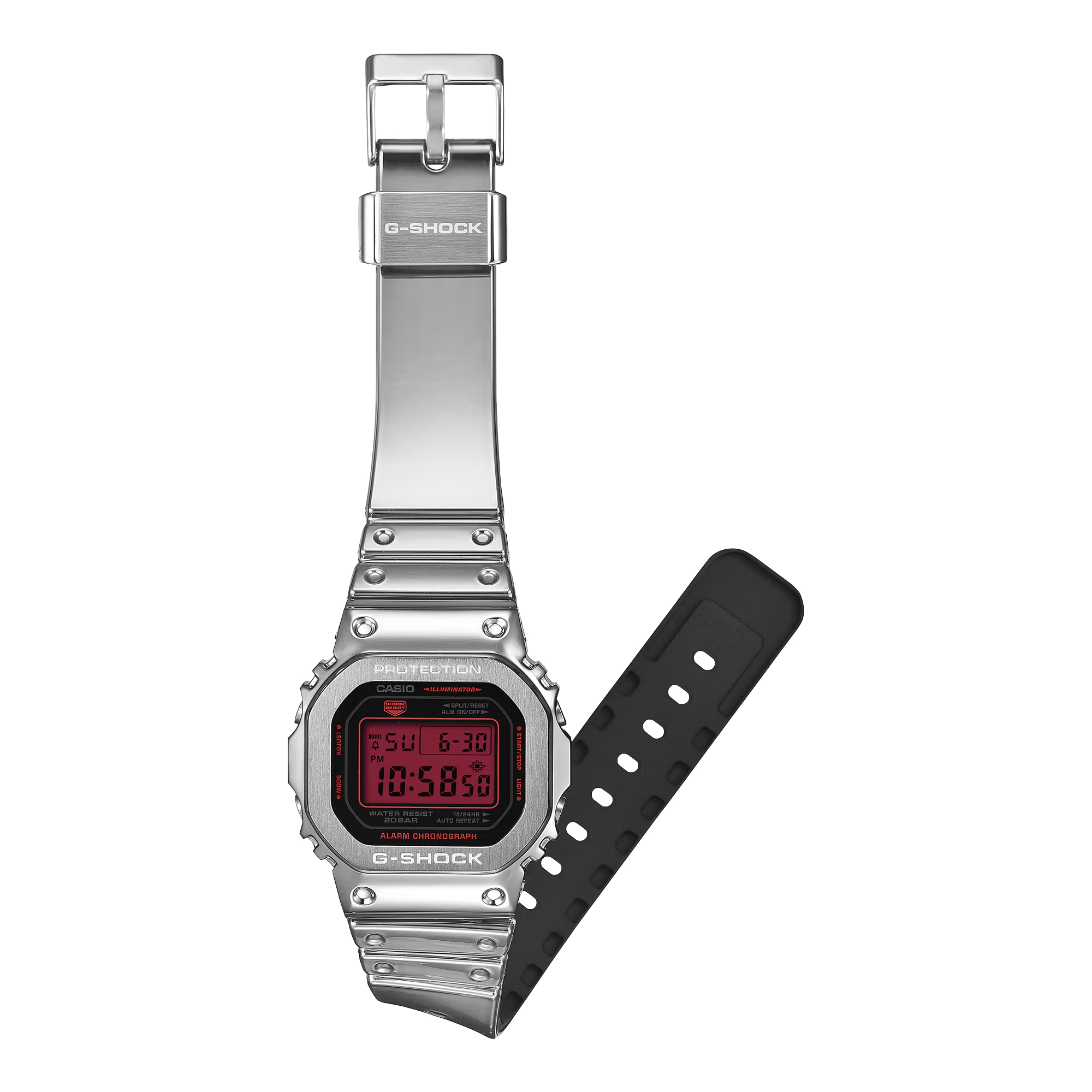 【CASIO 卡西歐】 G-SHOCK 時尚銀 自動日曆 LED光 耐衝擊  高防水 電子錶 矽膠錶帶 不鏽鋼殼 手錶 GM-5600YRA-8