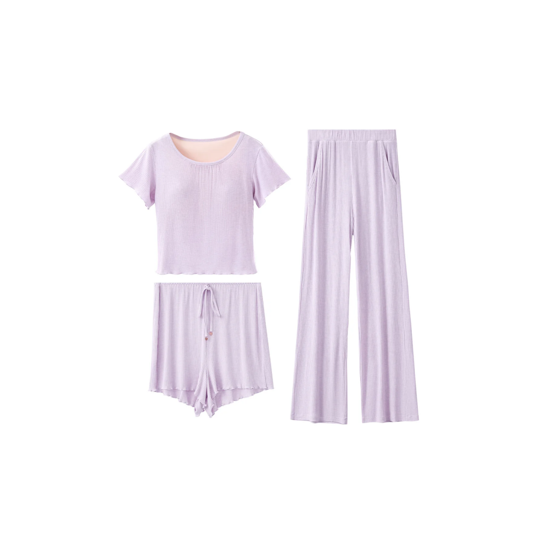 HKCG0515-057 【雙C提拉】2-IN-1美胸睡眠内 衣短袖家居服套装(短褲+長褲) Taro Purple EL25007 (A57M-XXL)
