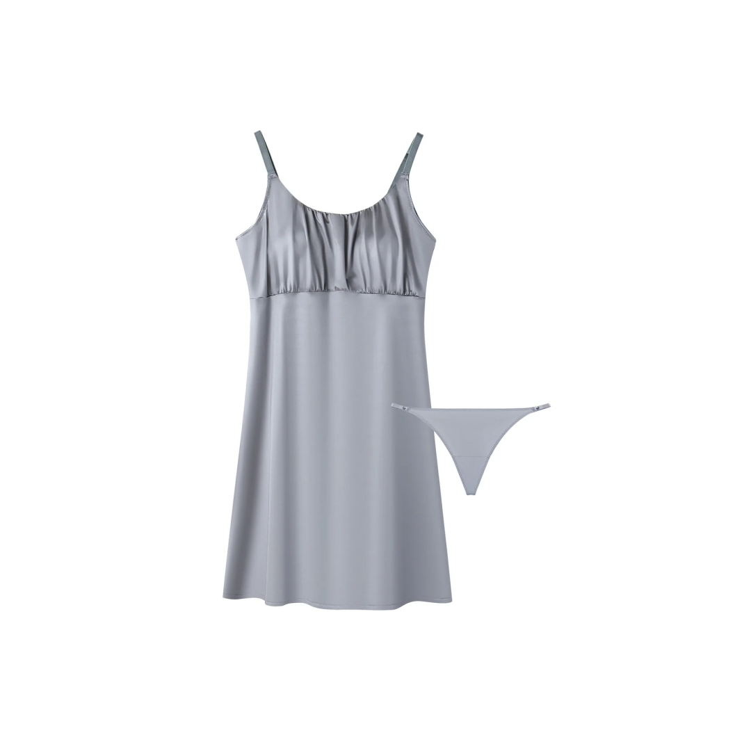 HKCG0515-063 【GLOW-UP MAGIC LUXE】2-IN-1 雙C提拉絲滑緞面吊帶美胸睡裙(配丁字褲) lead-grey EL24007 (A63M-2XL)