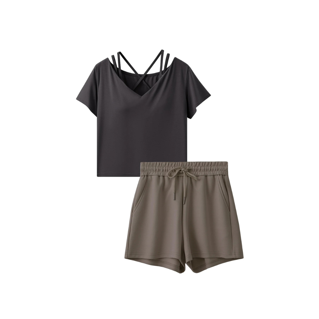 HKCG0515-072 【雙C提拉・LINEAWEAR】2-IN-1 美胸短袖家居服套裝 黑色 EL26021 (A72M-XXL)