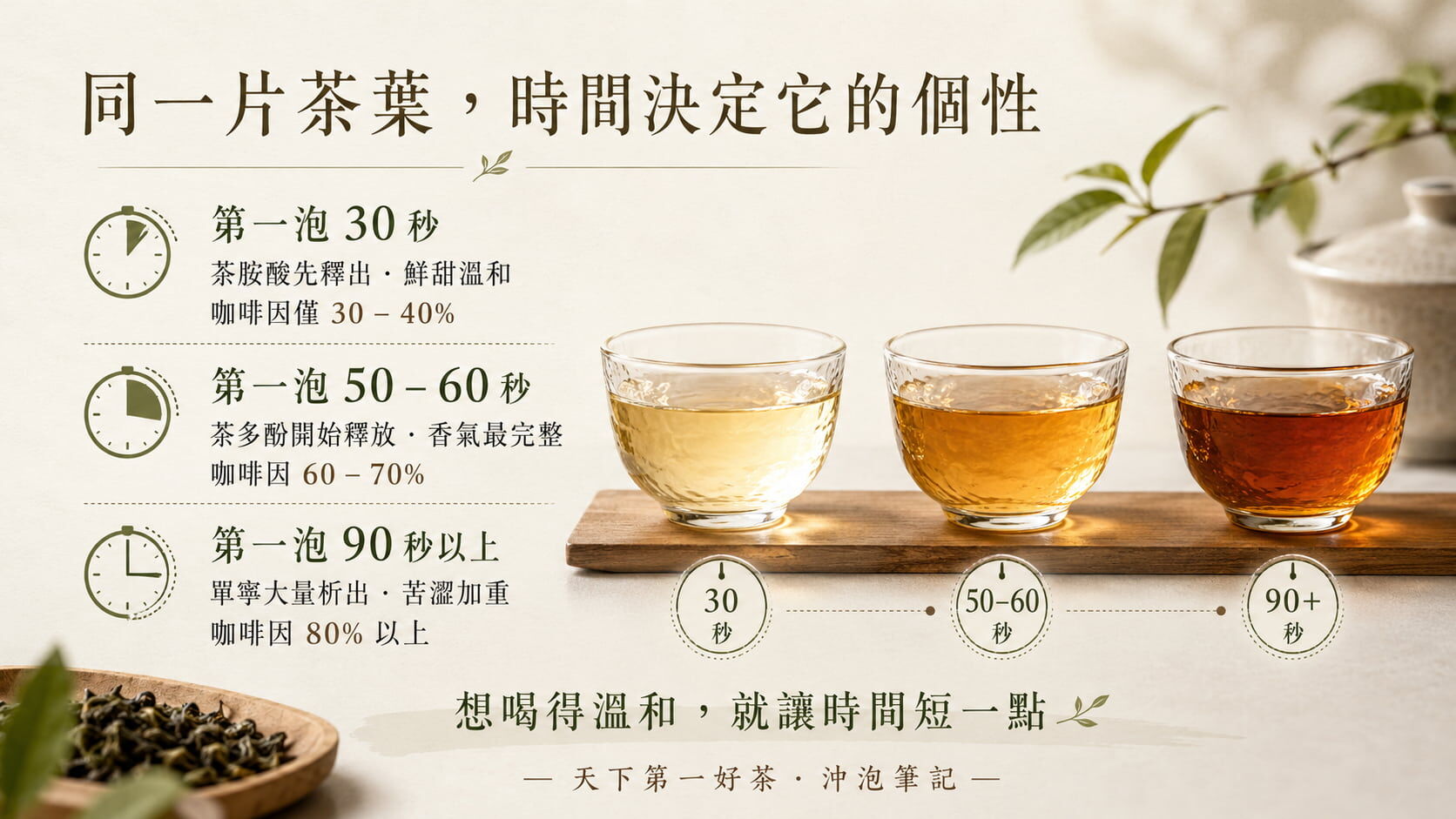 沖泡時間如何影響茶葉成分釋出對照圖，30秒、50至60秒、90秒以上的茶胺酸、茶多酚、咖啡因釋出比例