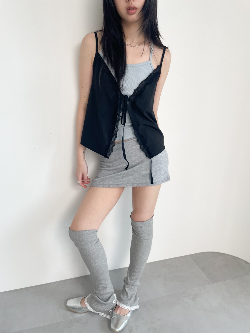 lace trim front-tie overlay vest