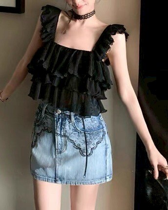 設計師家重工夏季手繪蕾絲印花牛仔裙
