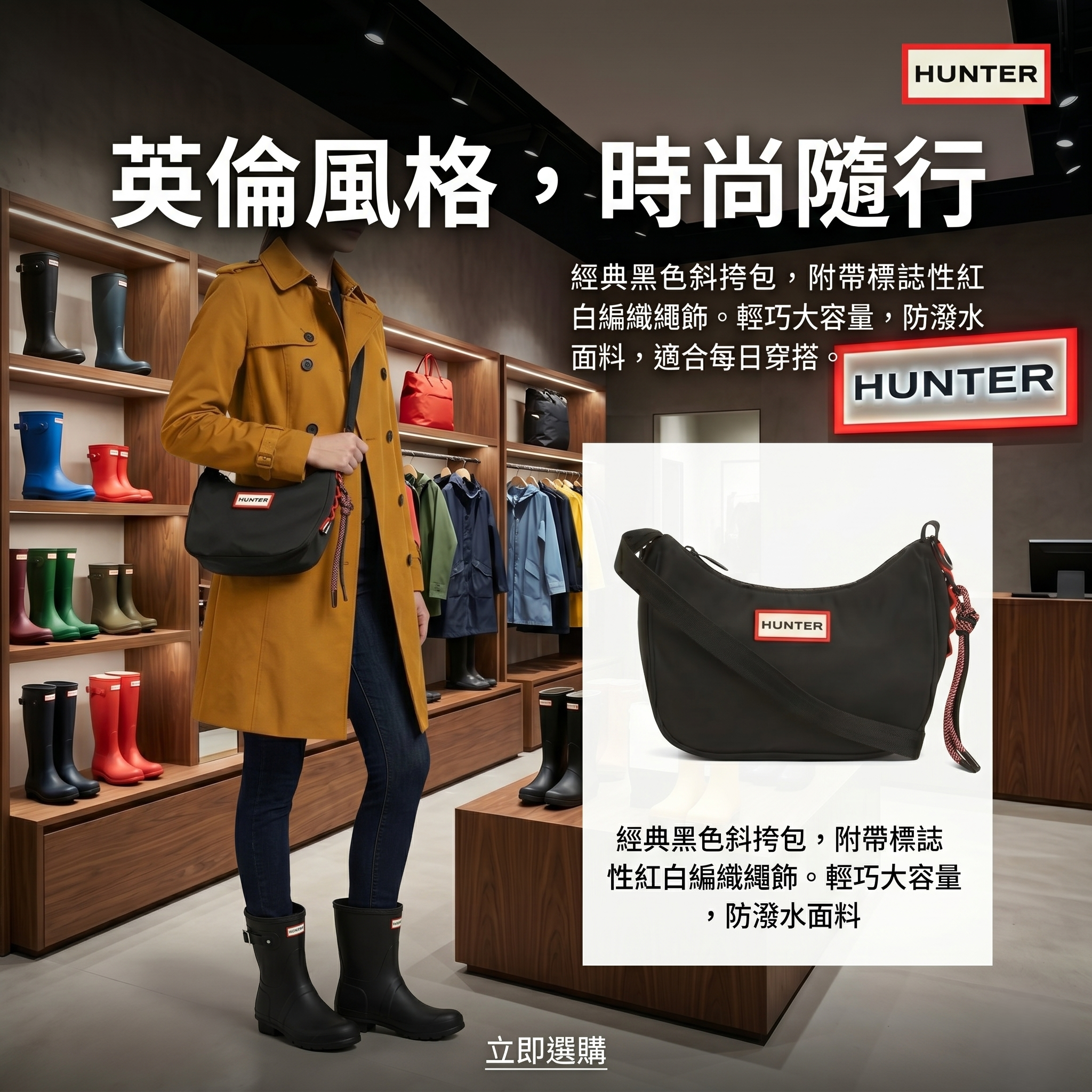 【預購】Hunter H051511 經典半月尼龍斜咩包 (黑色)