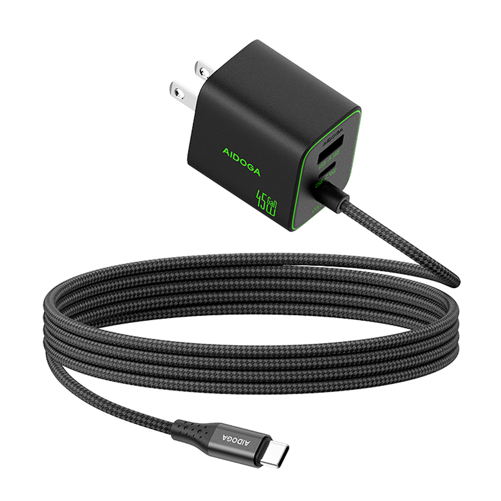 AIDOGA 艾迪伽 雙孔+自帶線 PD3.2快充 Type-C+USB GaN氮化鎵充電器 45W AVS QC4.0 1.5M