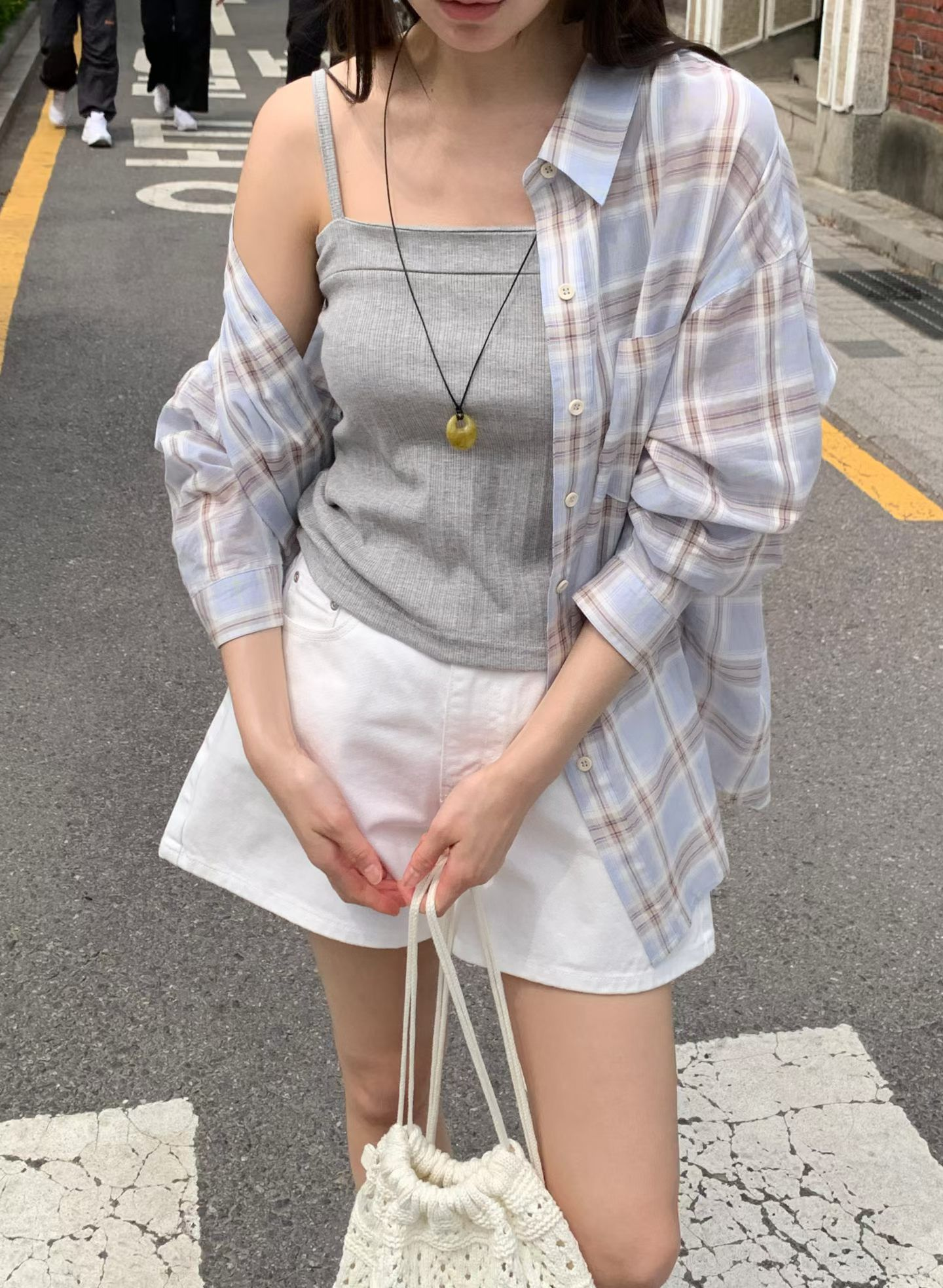 拼色格仔恤衫(粉藍色)