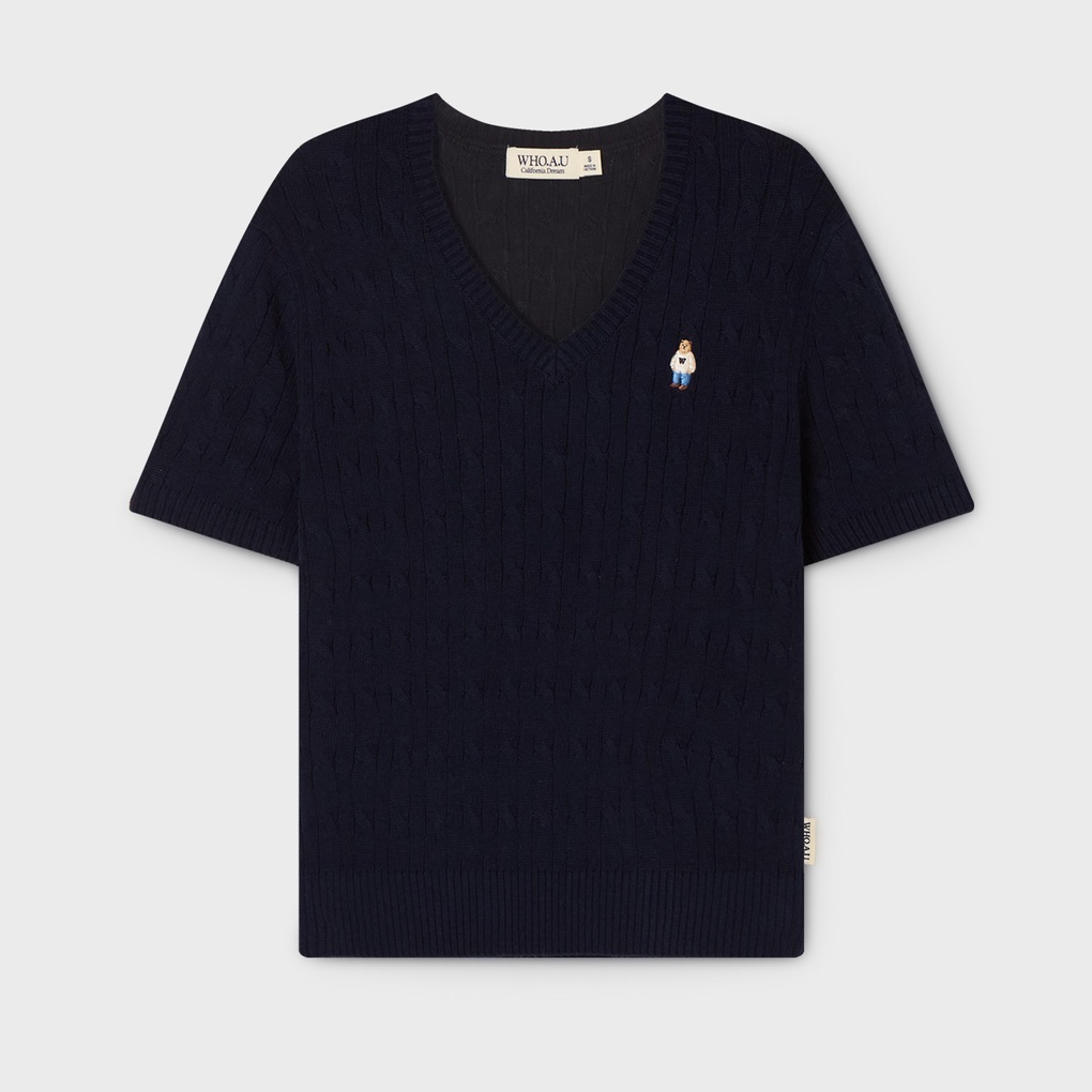 WHO A U - Steve V-neck Cable Short Sleeve Sweater *4色* (WHKAG2411F)