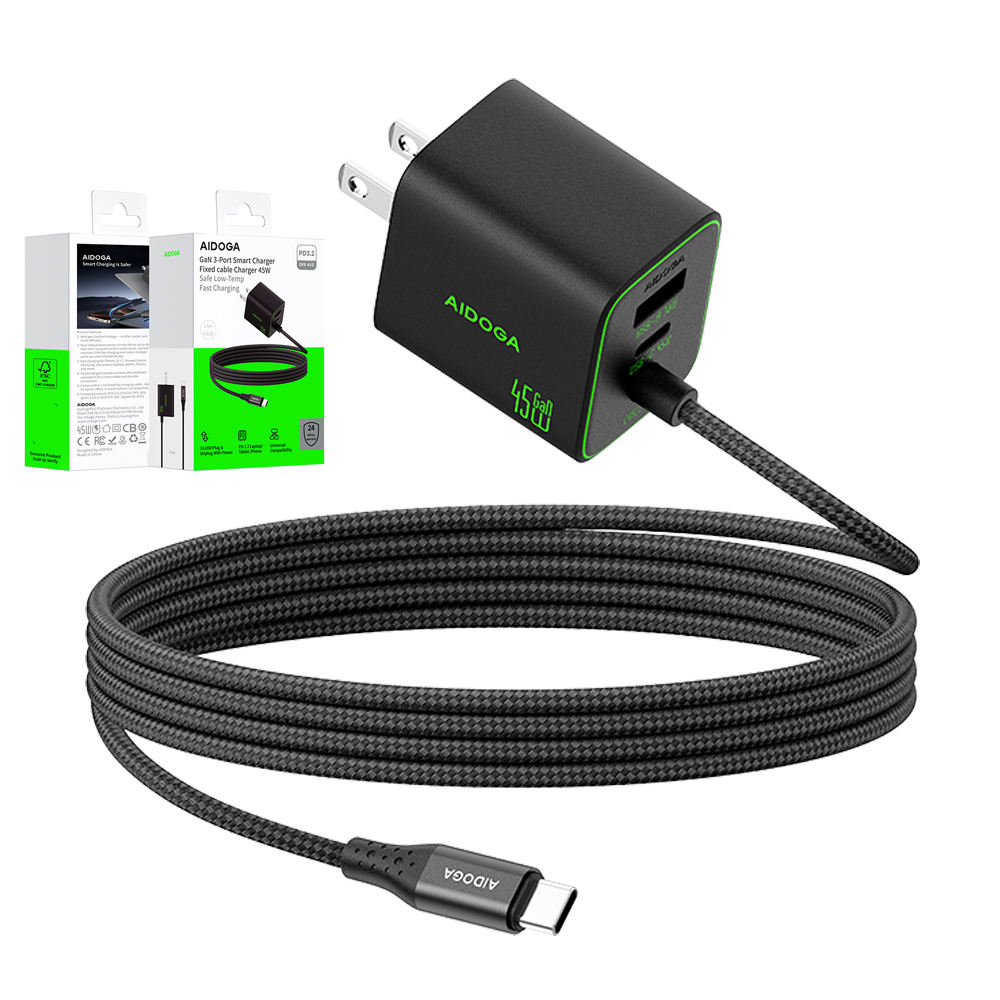 AIDOGA 艾迪伽 雙孔+Type-C自帶線 PD3.2快充 USB GaN氮化鎵充電器 45W AVS QC4.0 1.5M