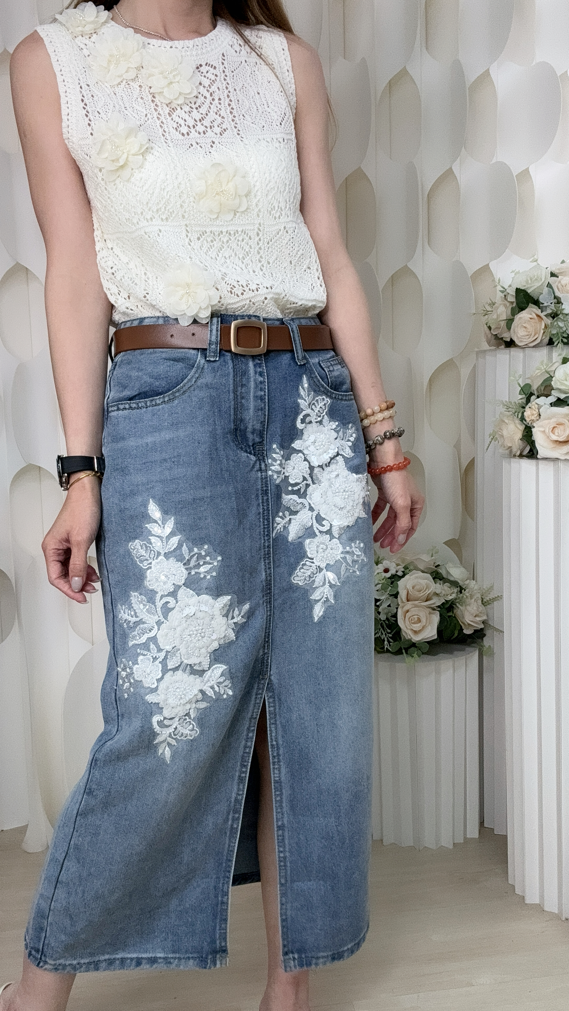 閃片花花開叉軟牛仔半身裙 (腰S26/M28/L30/XL32 長32吋) LA26105 #1505clo