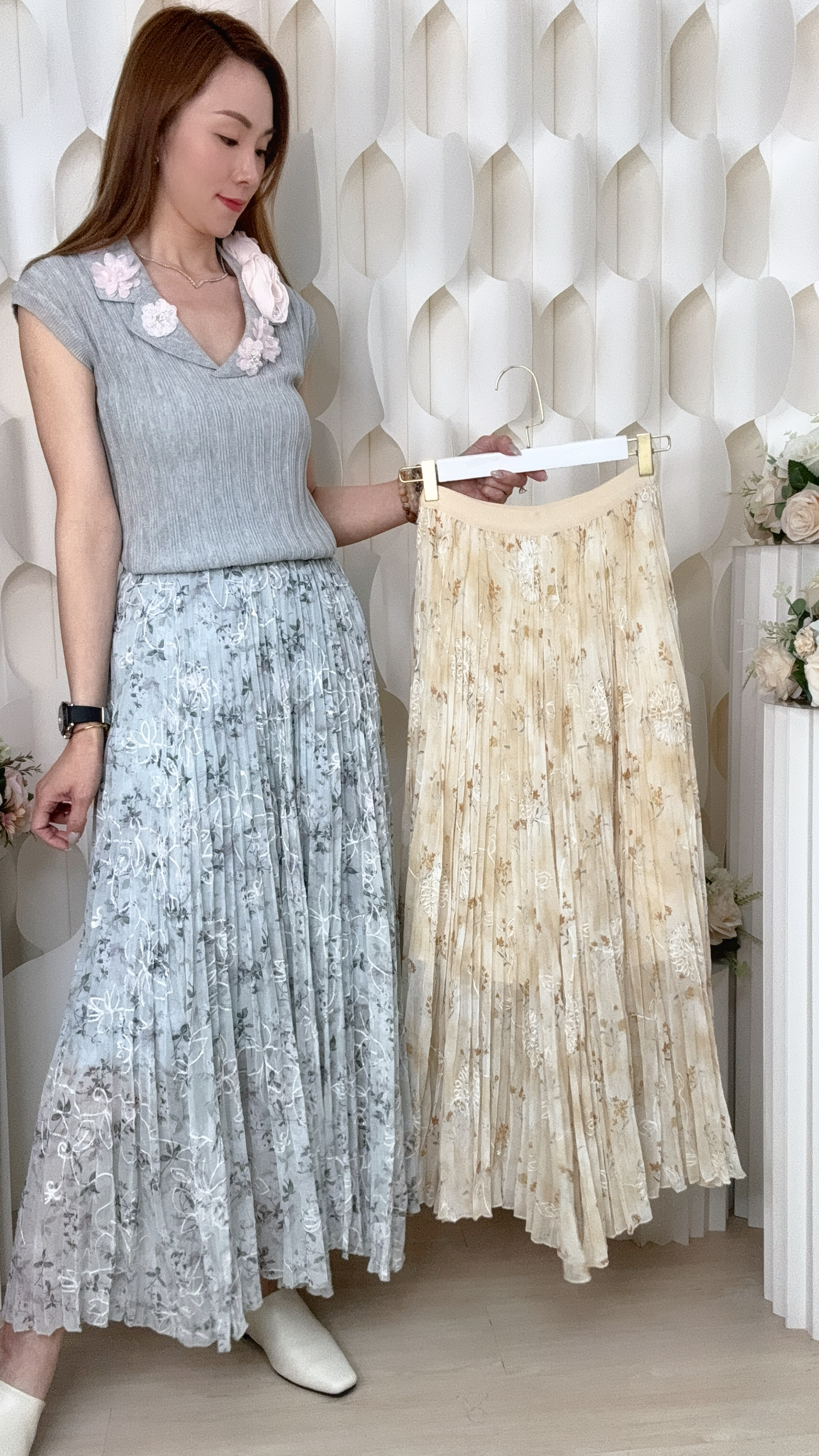 閃片碎花百褶拼雪紡半身裙 (腰24-38 臀50 長35吋) 2002 #1505clo