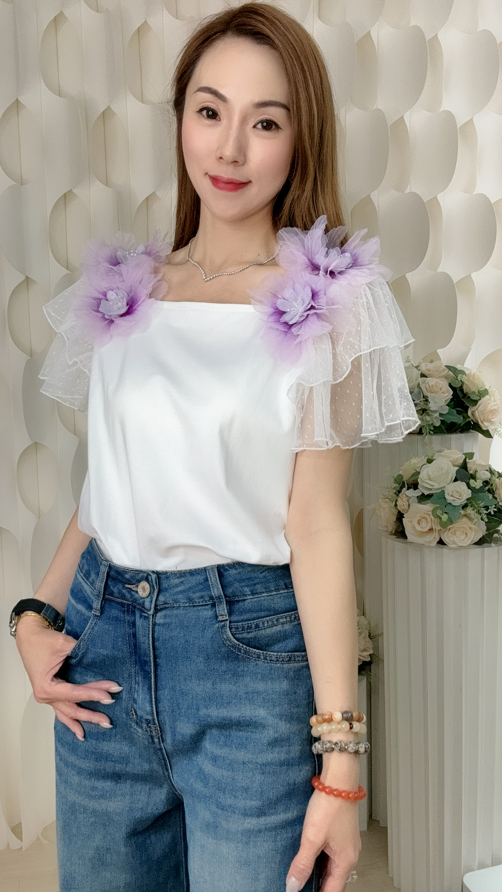 染色紫花雙層蕾絲袖棉質上衣 (胸36-44 腰34-38  長24吋) LA26082 #1505clo