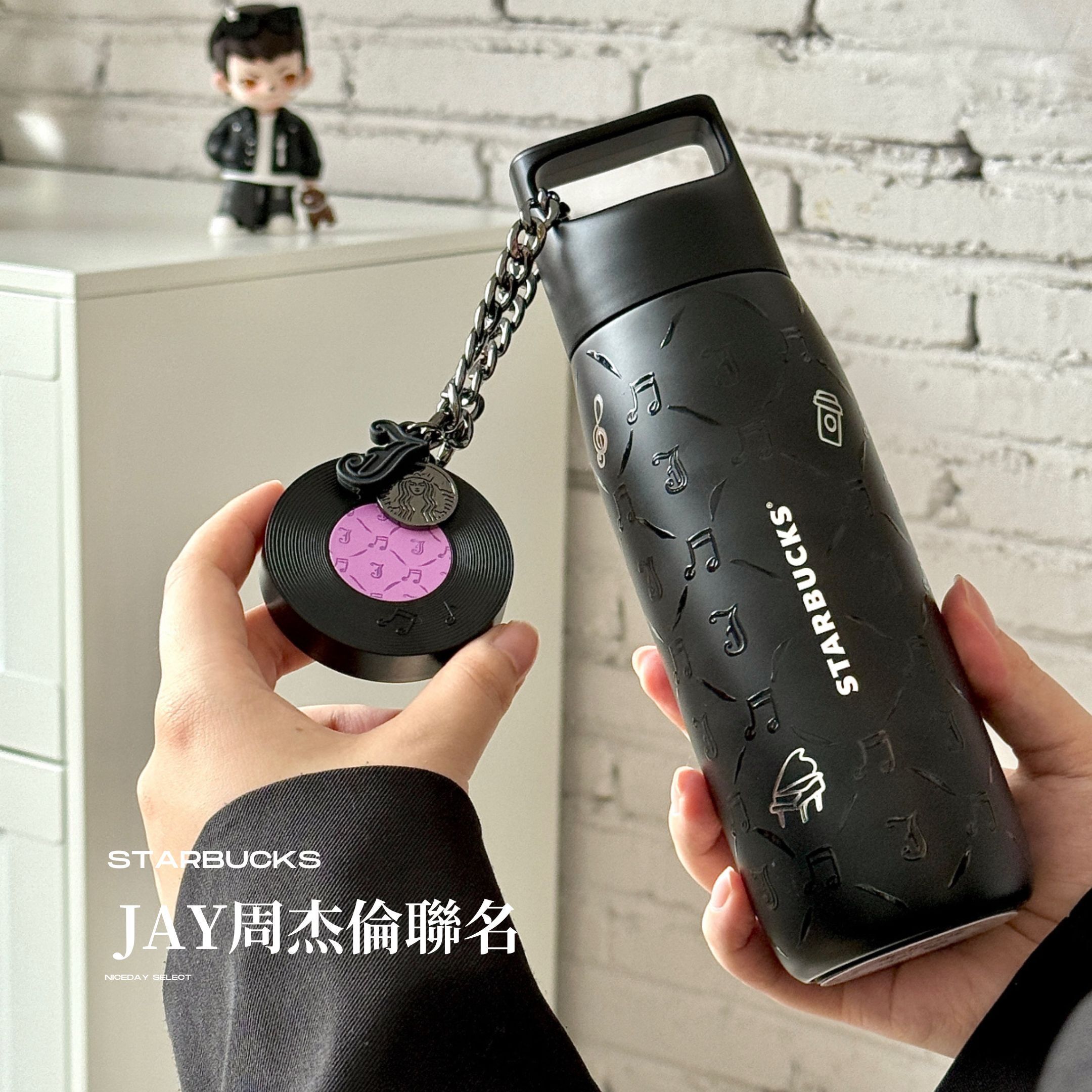 NICEDAY 代購 周杰倫 x 星巴克 STARBUCKS 聯名 Jay 錄音 留聲機 唱片 保溫杯 黑 水杯