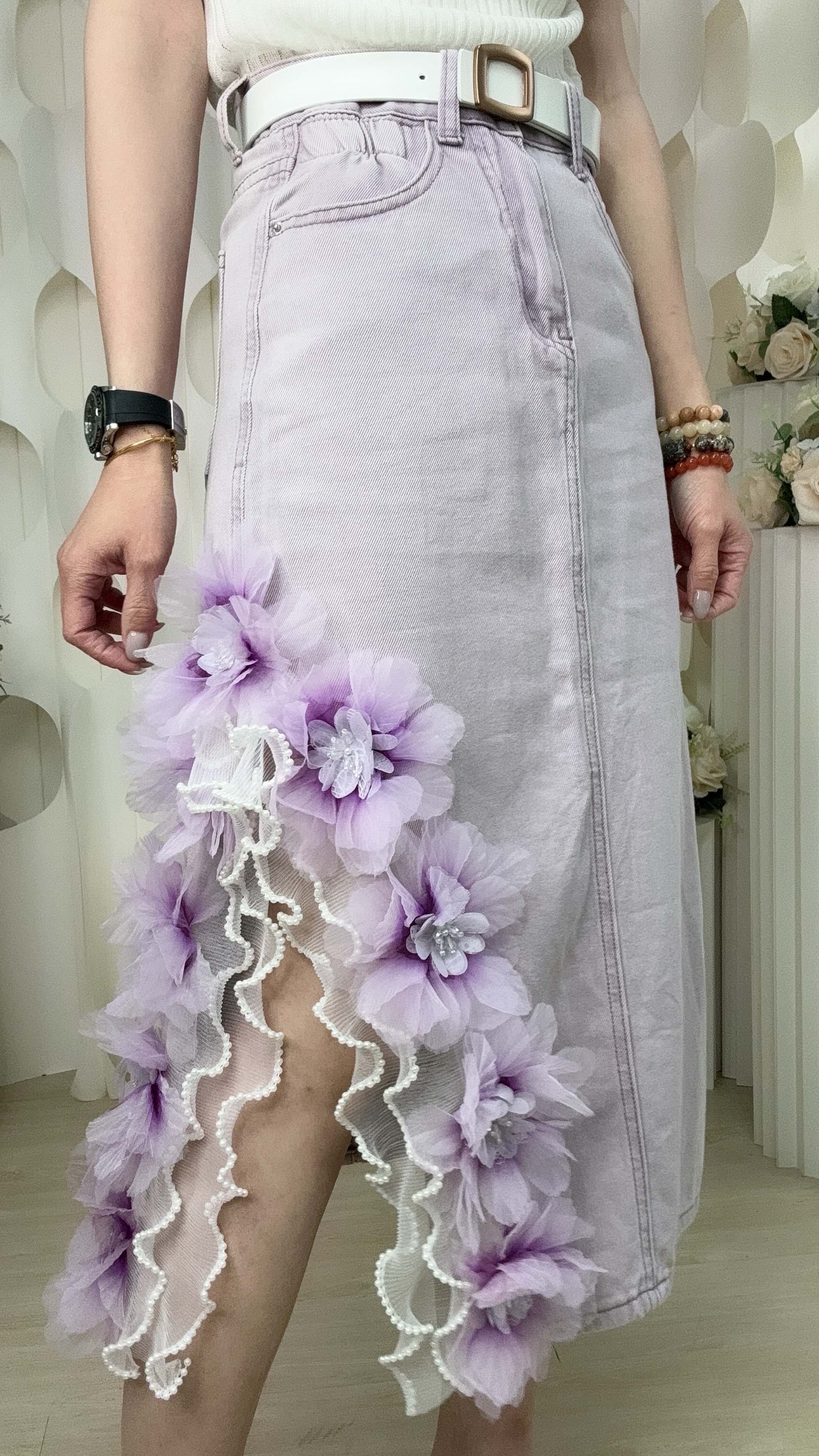 重工珍珠大花花軟牛仔半身裙 (腰S26/M28/L30/XL32 長30吋) LA26603 #1505clo