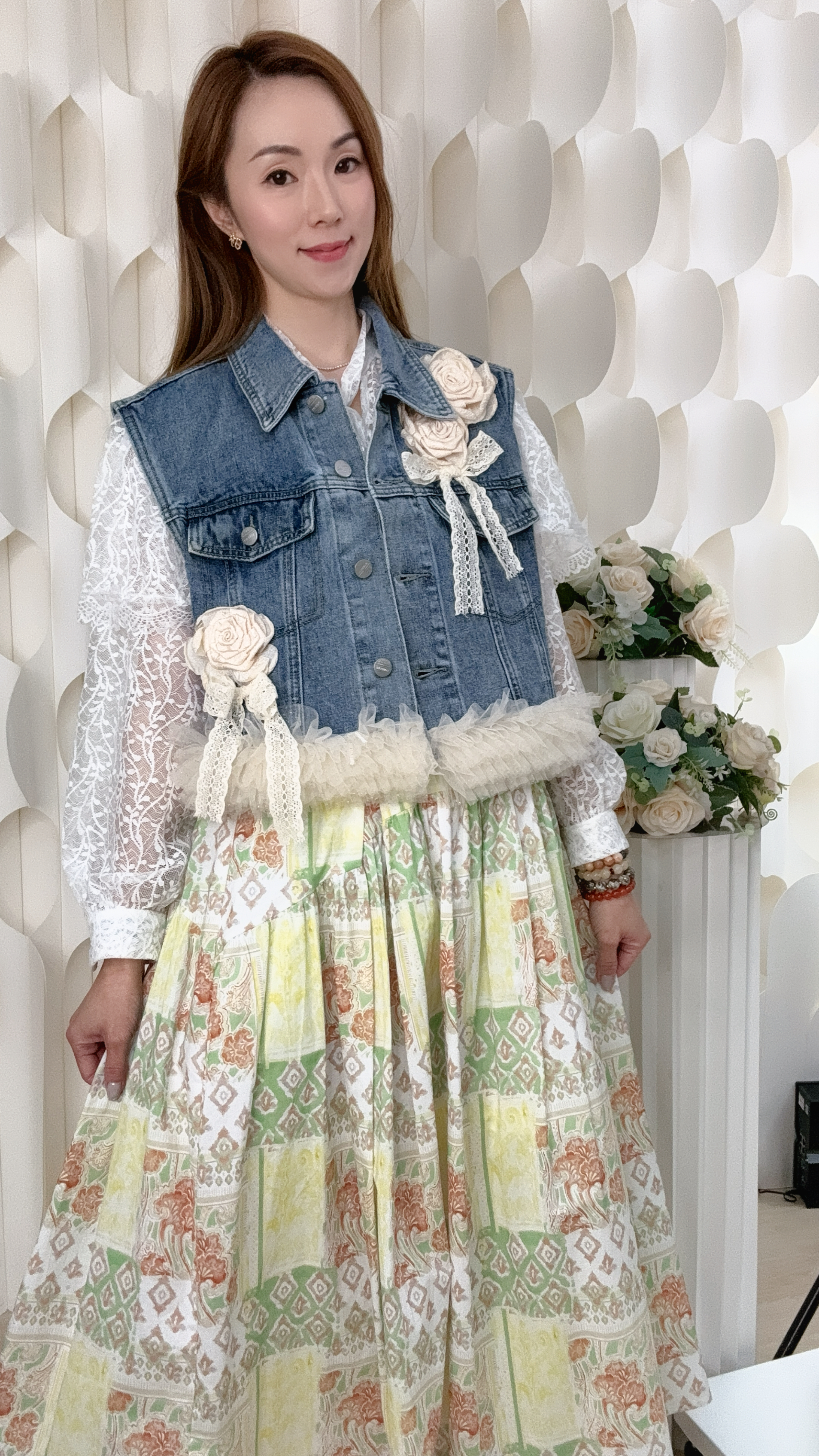 網紗邊玫瑰花牛仔馬甲外套 (胸XL38/XXL40  長19吋) 26058 #1505clo