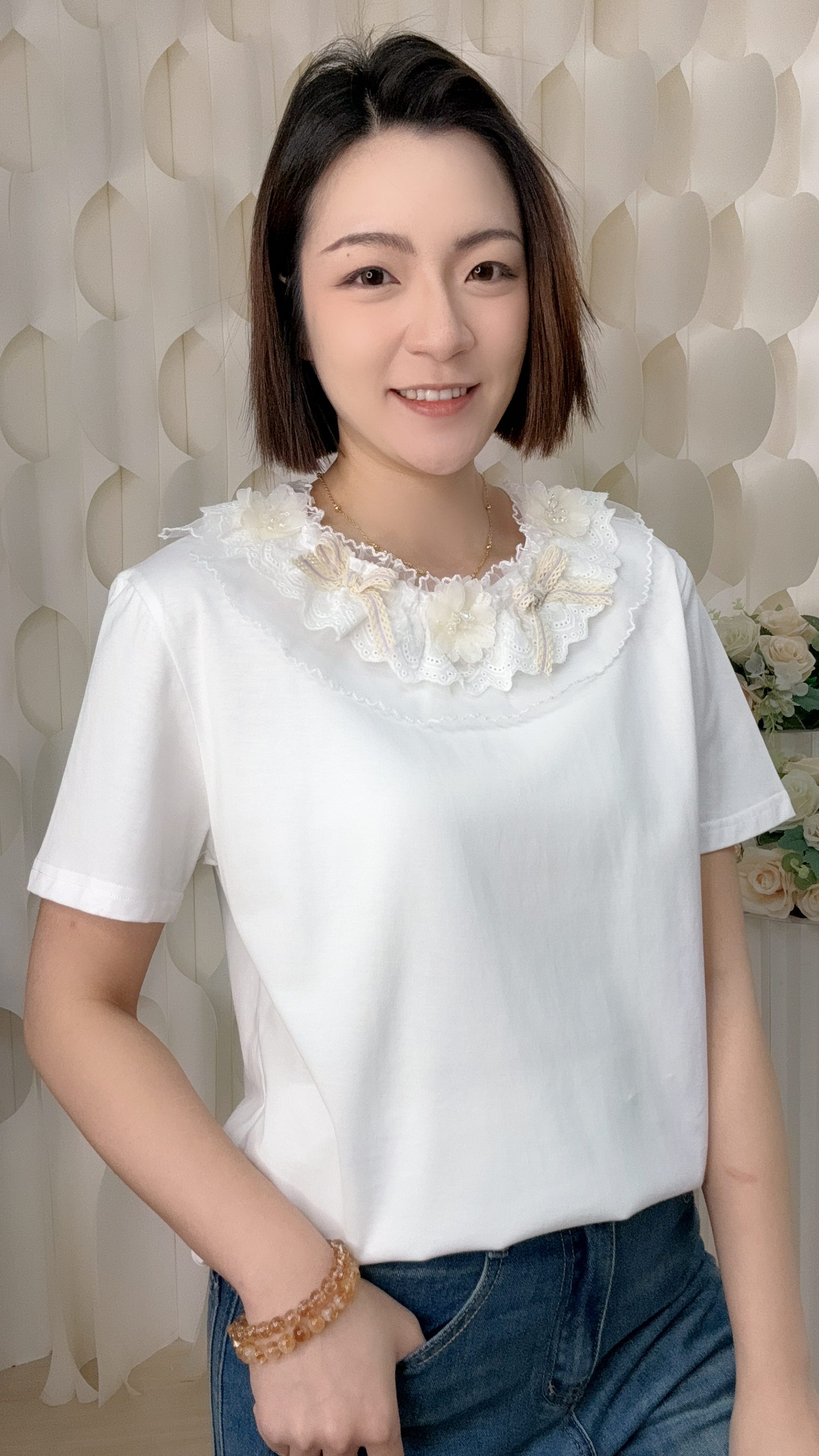 網紗圍邊閃石花棉質上衣 (胸38-44 腰36-40  長24吋) 26041 #1505clo