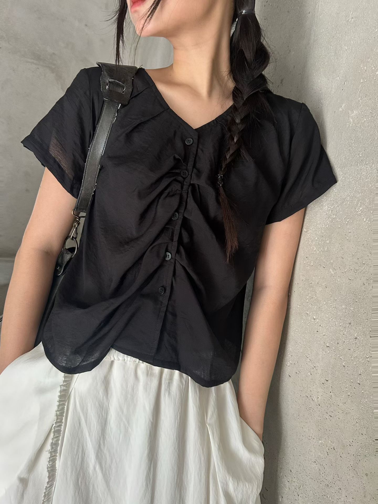 pleated button v collar blouse