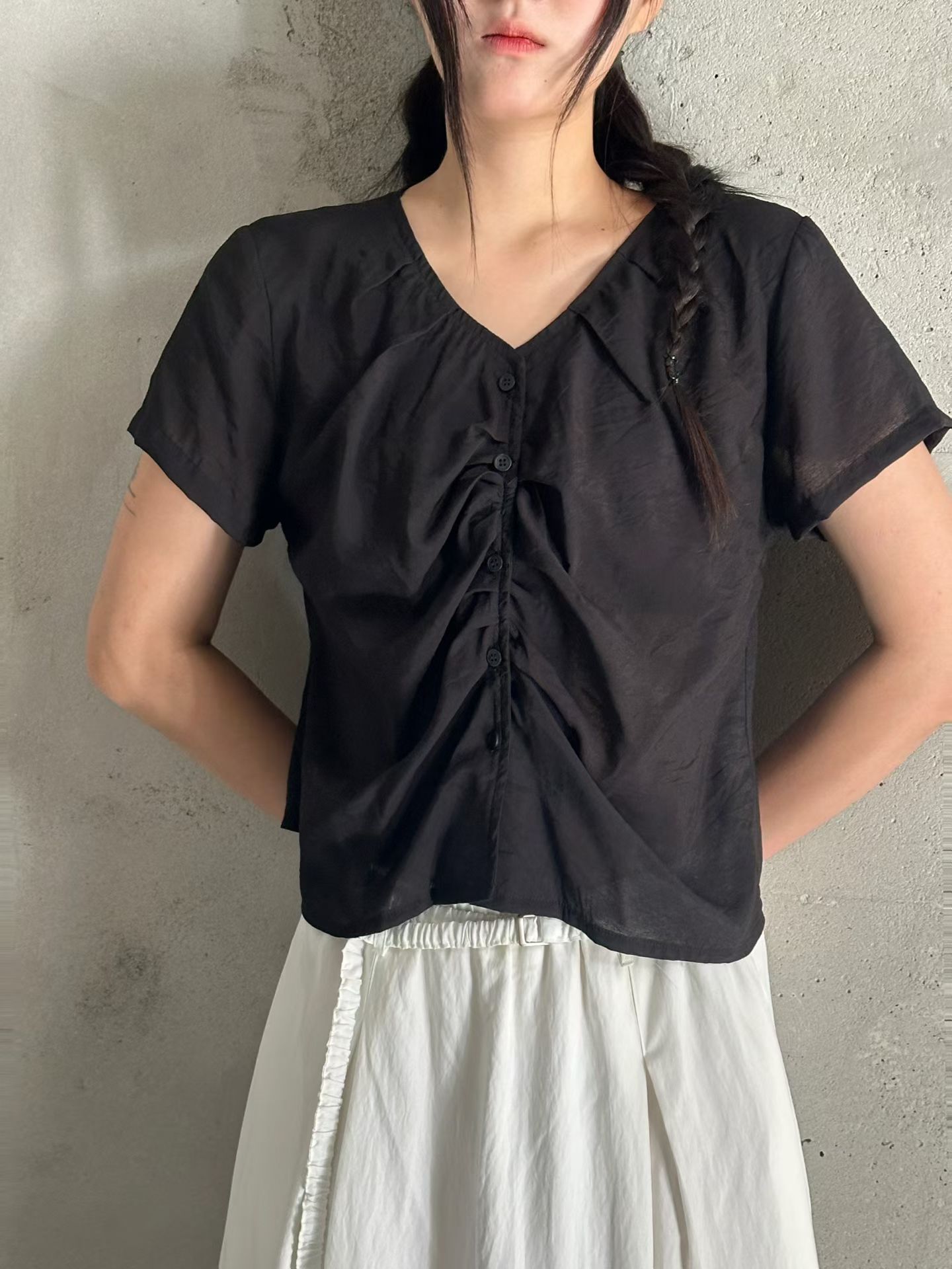 pleated button v collar blouse