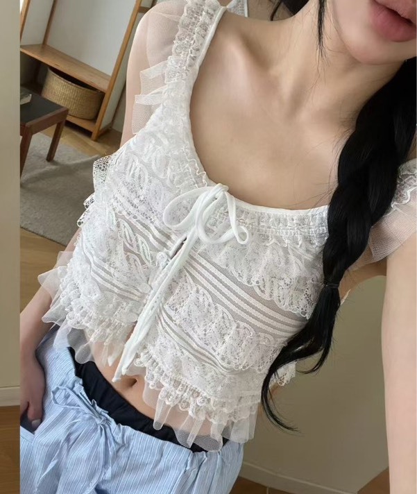紗蕾絲綁帶短背心