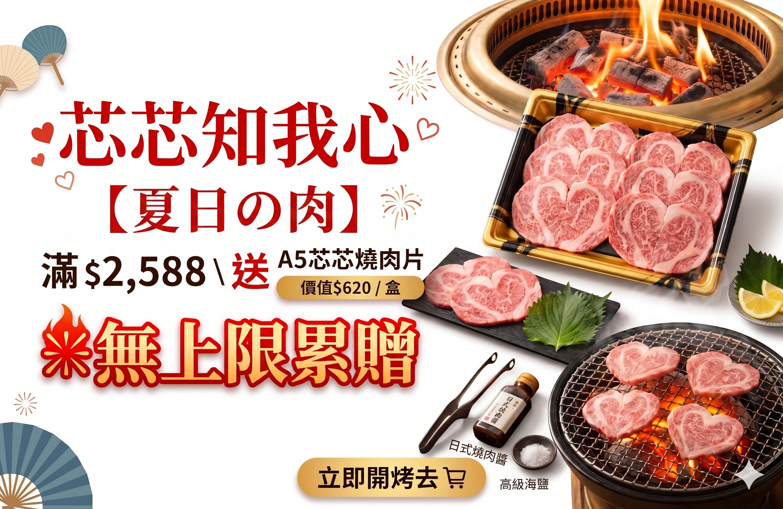 RORO【夏日の肉】活動 Banner。視覺主題為「芯芯知我心」，背景簡潔明亮。圖片展示了炭火烤爐上滋滋作響的愛心形狀 A5 和牛，以及價值 $620 的 A5 芯芯燒肉片盒裝。文案重點包含：指定肉品滿 $2,588 送 A5 芯芯燒肉片、火紅特效標