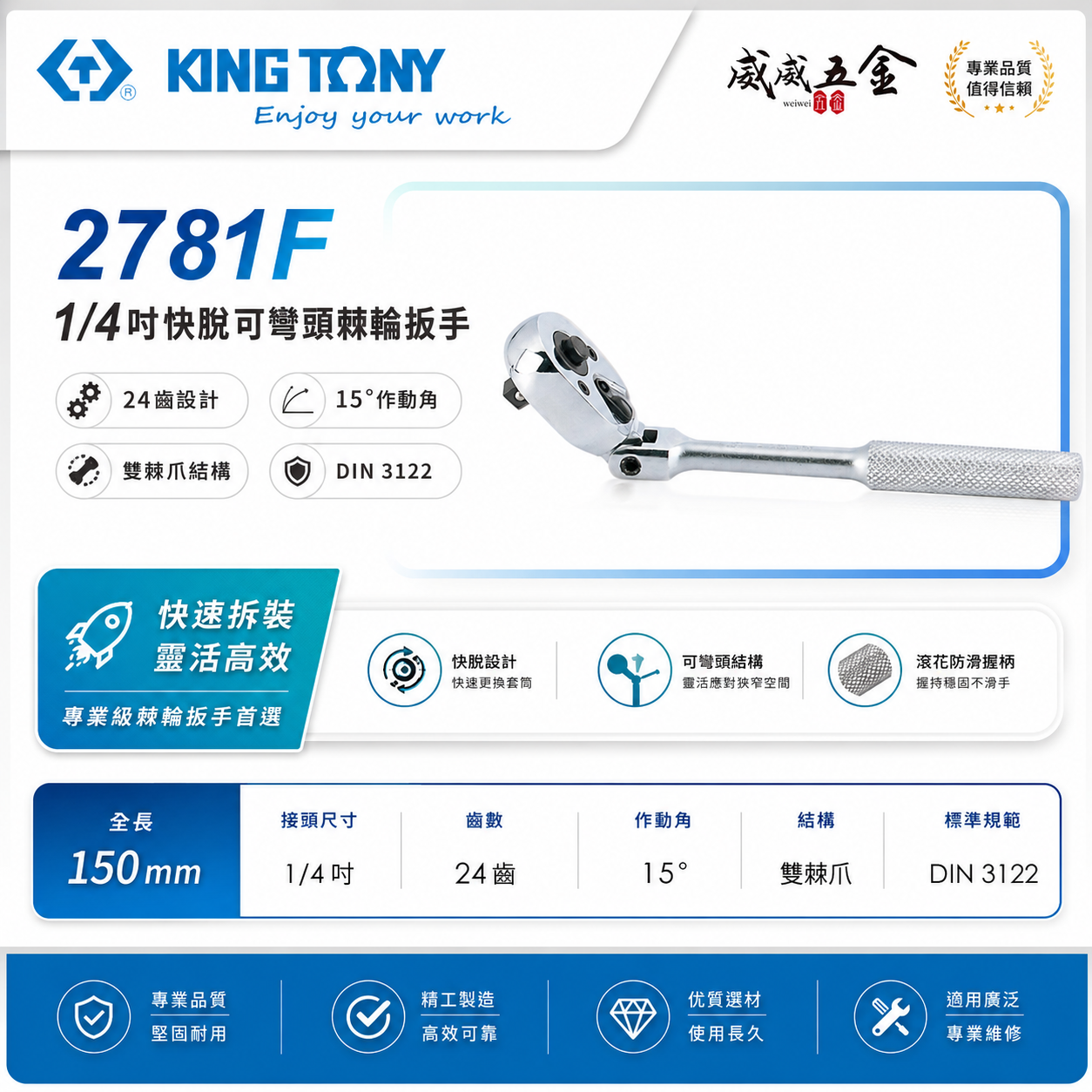 KING TONY 金統立｜台灣製｜兩分 1/4'' 2分迷你棘輪板手 24齒搖頭套筒扳手｜2781-06F