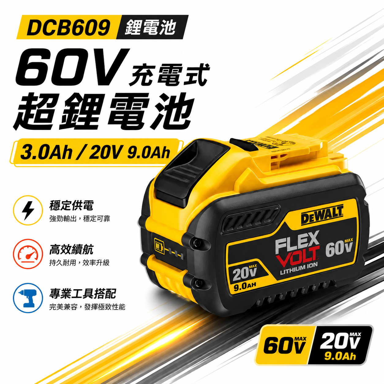 DEWALT 美國 得偉｜60V 3.0Ah 充電鋰電池 20V 9.0Ah 原廠電池｜DCB609｜公司貨