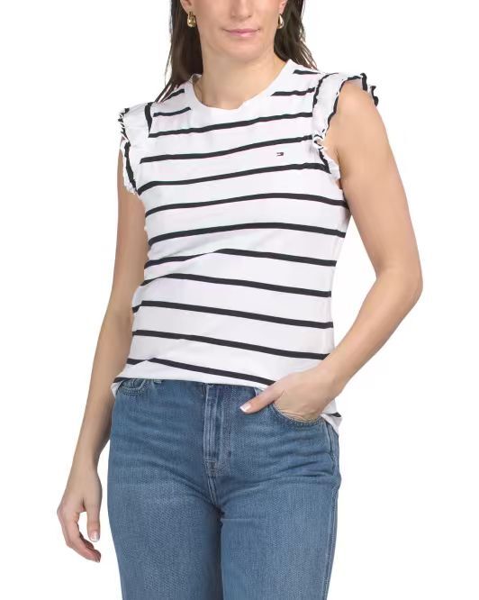 【預購】TOMMY HILFIGER H051604 女士條紋荷葉袖 T 恤