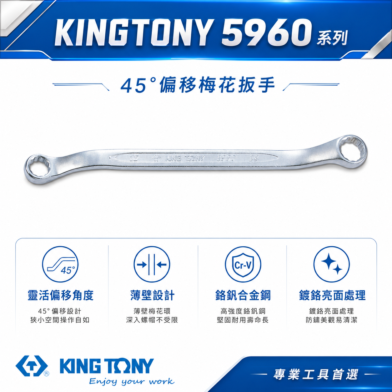 KING TONY 金統立｜英制 雙梅扳手 薄壁雙梅花扳手 梅花雙頭板手 45度梅花板手｜5960｜台灣製