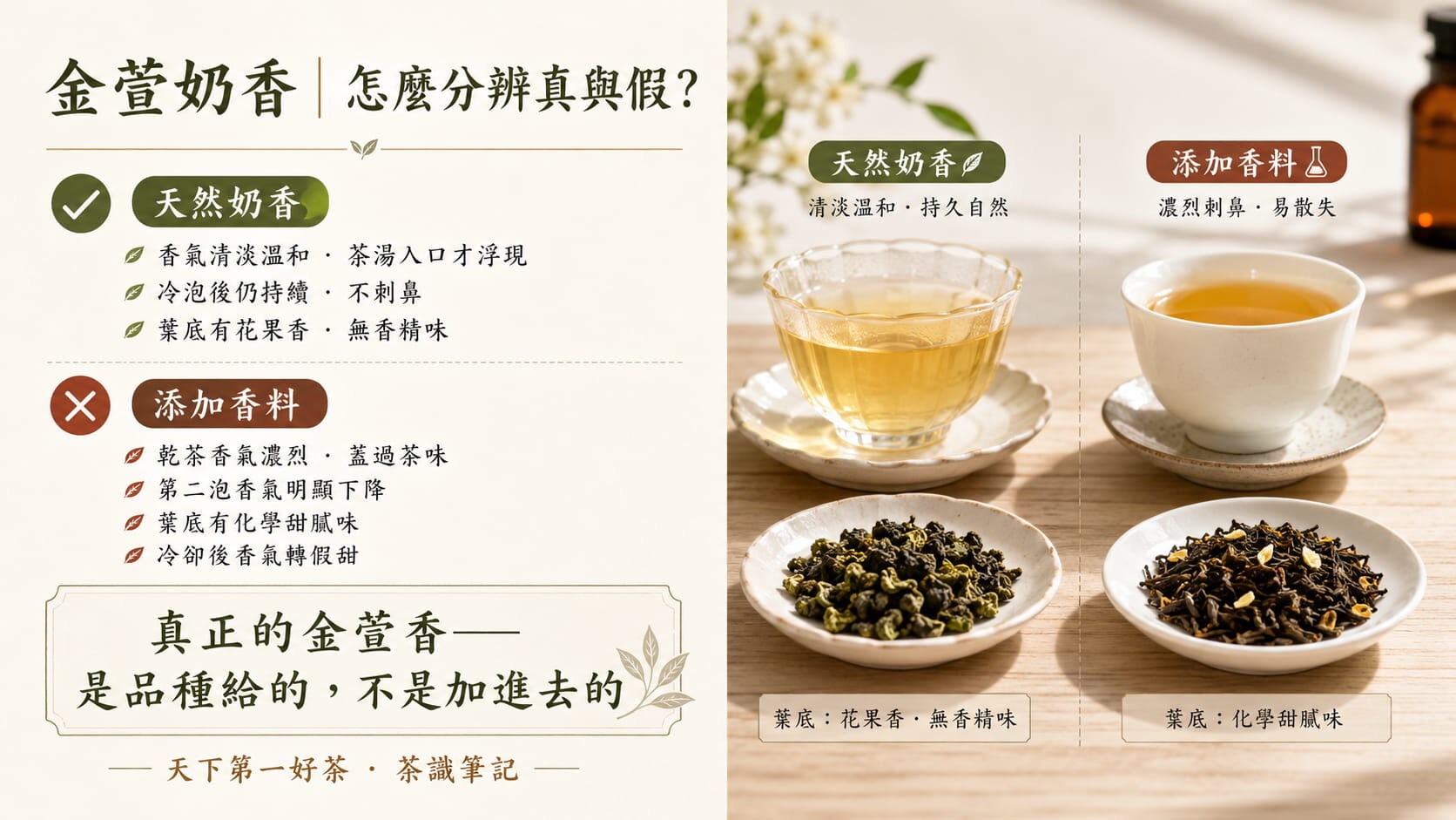 金萱奶香真假辨別對照圖，天然奶香清淡溫和持久不刺鼻 vs 添加香料濃烈下降轉假甜