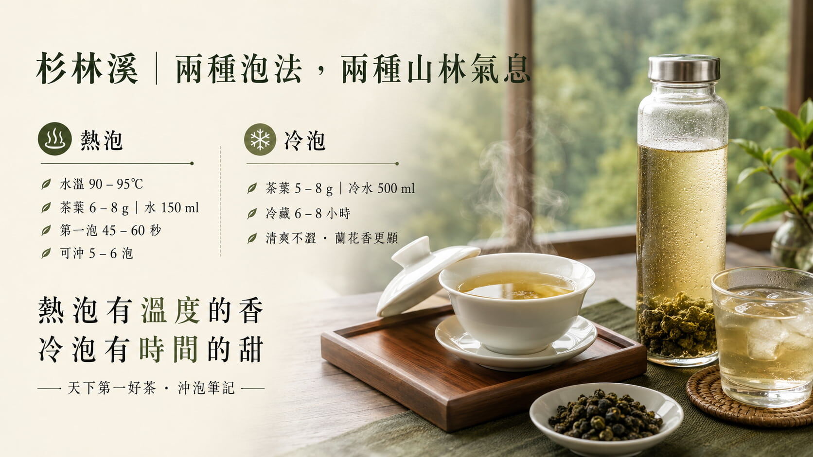 杉林溪茶熱泡與冷泡參數對照圖，熱泡90至95度6至8克水150毫升45至60秒，冷泡5至8克冷水500毫升冷藏6至8小時