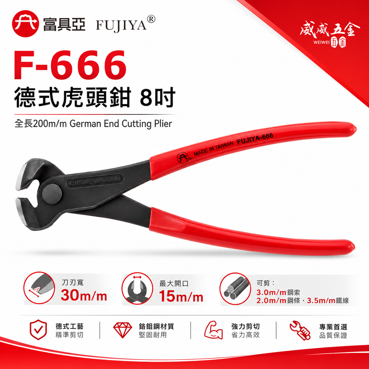 FUJIYA 富具亞 台灣製｜8" 德式虎頭鉗 軟鋼索鉗 切刀剪刀 大開口 虎鉗 細鋼條 鐵線剪｜F-666