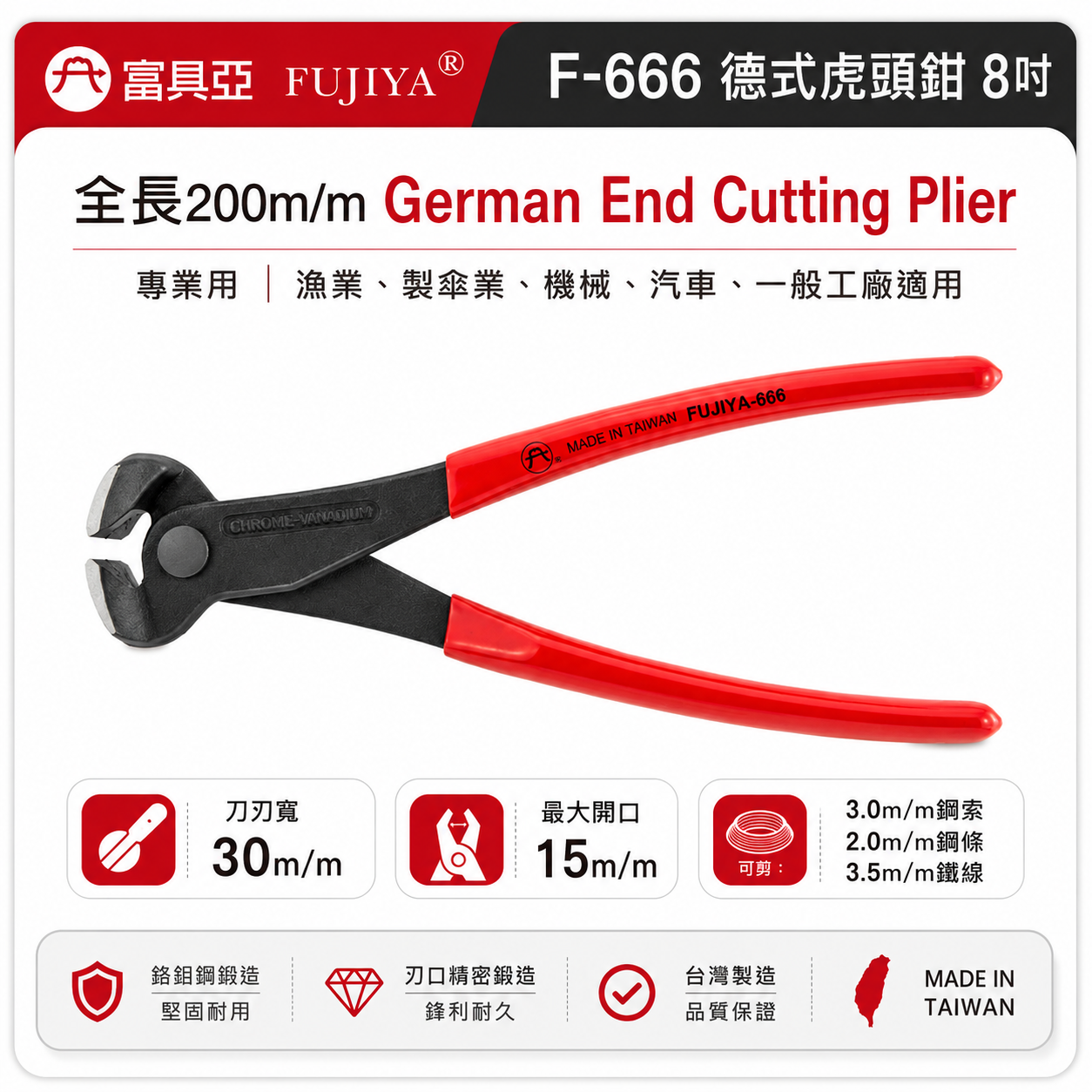 FUJIYA 富具亞 台灣製｜8" 德式虎頭鉗 軟鋼索鉗 切刀剪刀 大開口 虎鉗 細鋼條 鐵線剪｜F-666