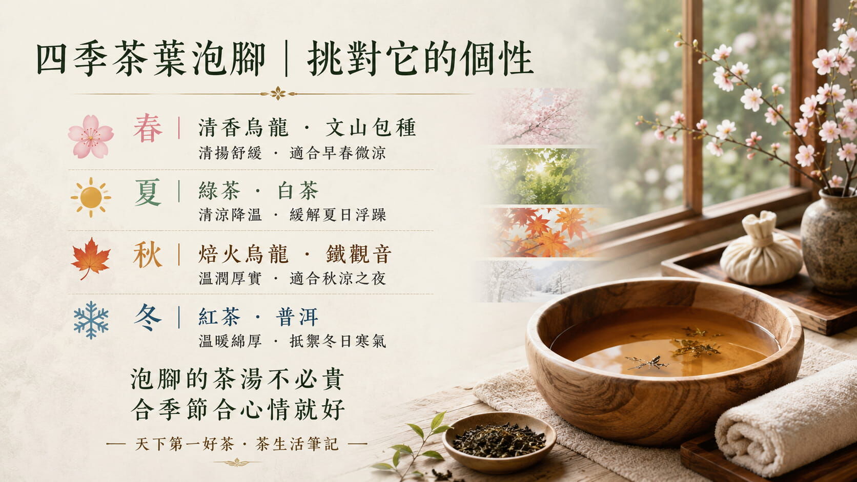 四季茶葉泡腳搭配速覽圖，春天文山包種、夏天綠茶白茶、秋天焙火烏龍鐵觀音、冬天紅茶普洱