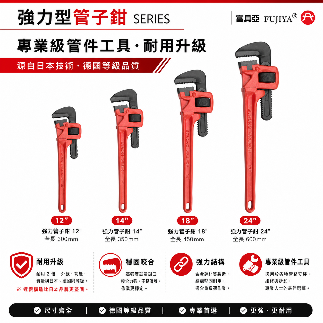 FUJIYA 富具亞｜強力管子鉗 鍛造合金鋼 強力型管鉗 圓管鉗｜FCC-12 FCC-14 FCC-18 FCC-24｜台灣製