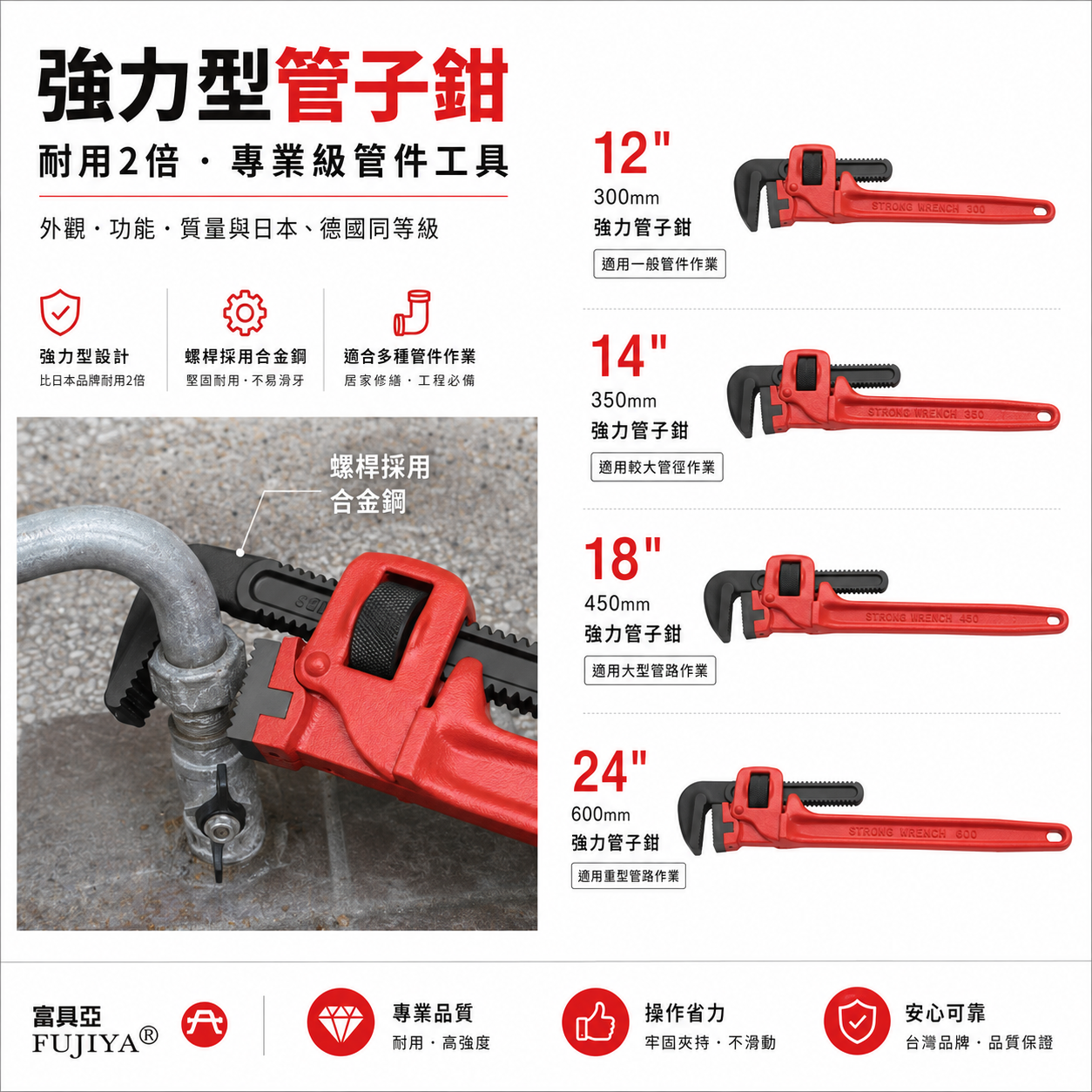 FUJIYA 富具亞｜強力管子鉗 鍛造合金鋼 強力型管鉗 圓管鉗｜FCC-12 FCC-14 FCC-18 FCC-24｜台灣製
