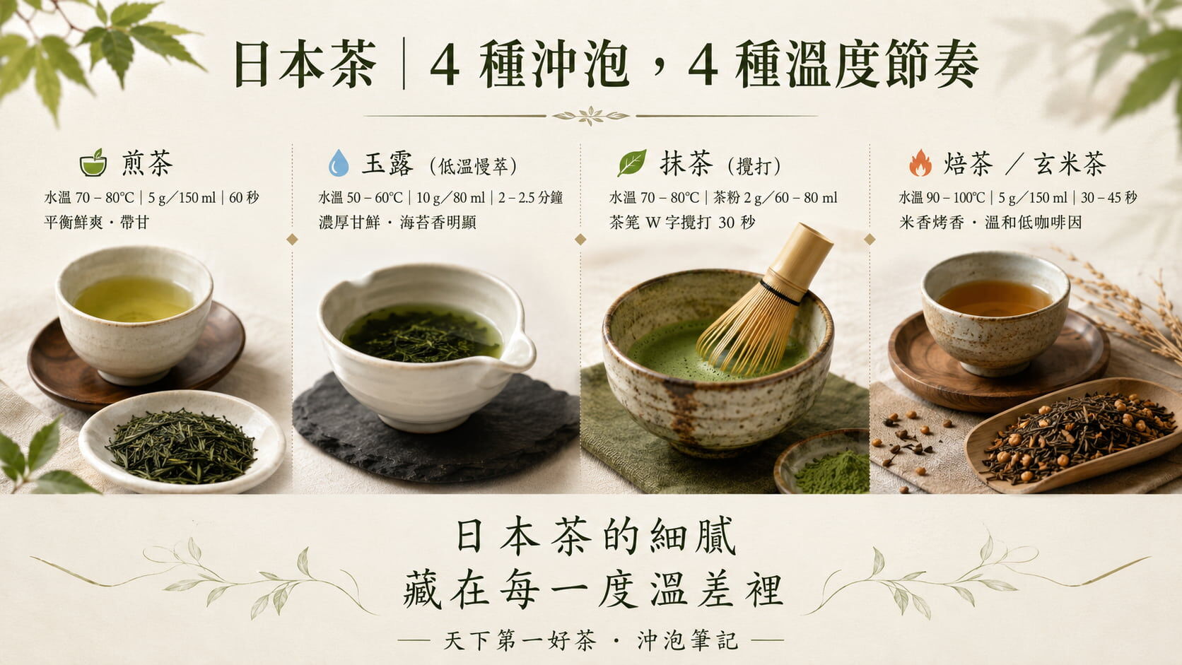 四種日本茶沖泡參數對照圖，煎茶、玉露、抹茶、焙茶玄米茶各自的水溫、茶葉量、沖泡時間