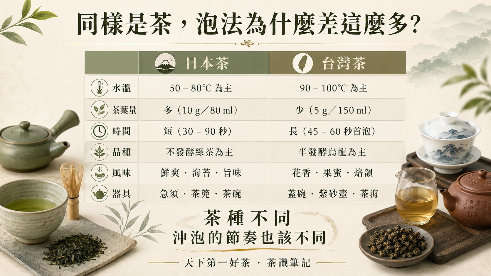 日本茶與台灣茶沖泡差異六項對照圖，水溫、茶葉量、時間、品種、風味、器具的比較