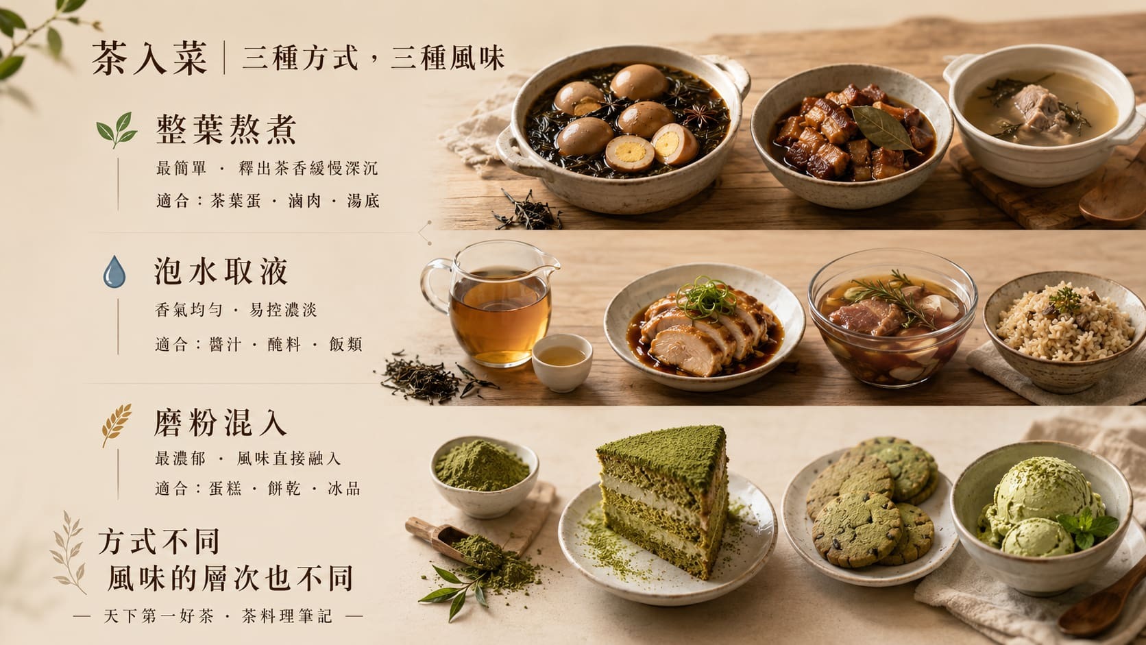 茶葉入菜三種基本方式對照圖，整葉熬煮、泡水取液、磨粉混入的料理應用建議