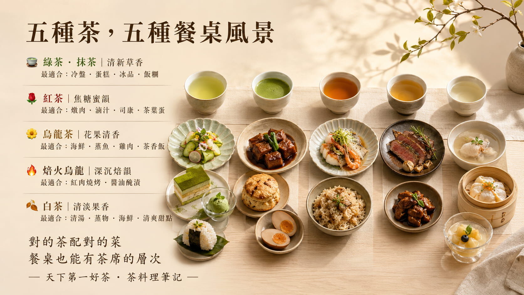 五種茶款料理搭配對照圖，綠茶抹茶、紅茶、烏龍茶、焙火烏龍、白茶各自適合的料理類型