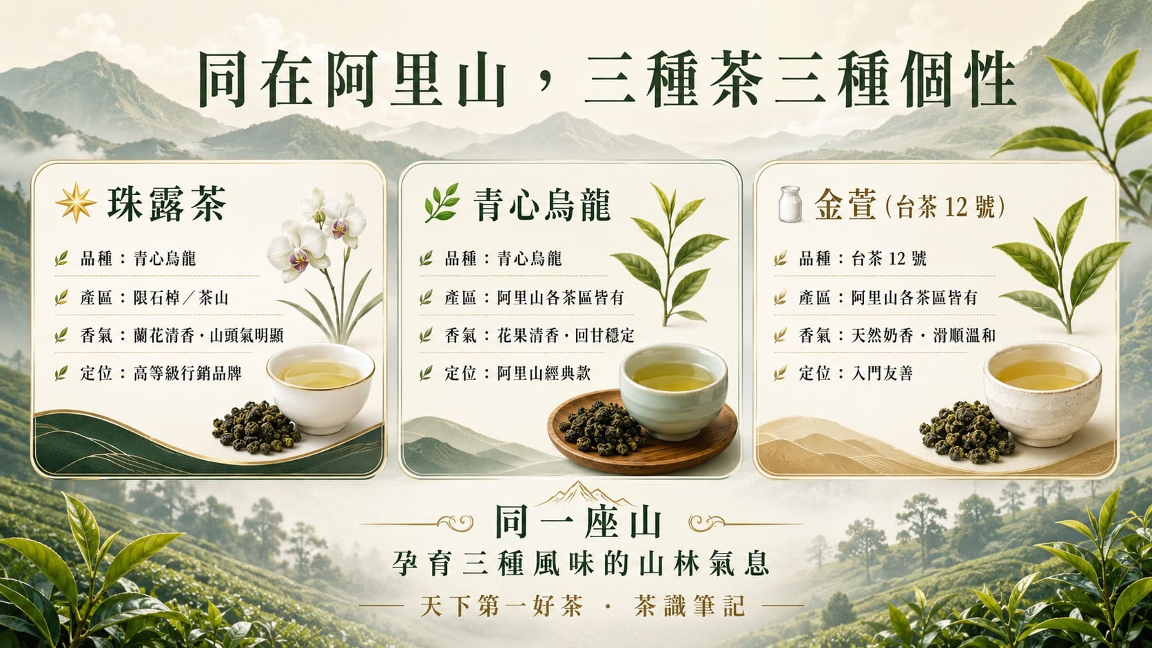 阿里山三種茶對照圖，珠露茶（青心烏龍限石棹）、青心烏龍、金萱（台茶12號）的品種、產區、香氣、定位比較