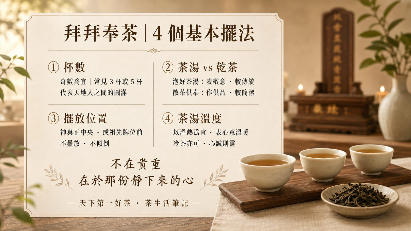 拜拜茶葉擺放四個基本要點圖，奇數杯數、茶湯與乾茶選擇、擺放位置、茶湯溫度建議